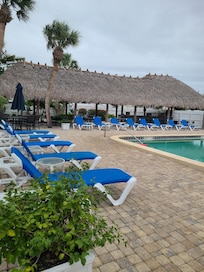 Thatched roof over breakfast buffet by lovely large pool up to 8 foot.