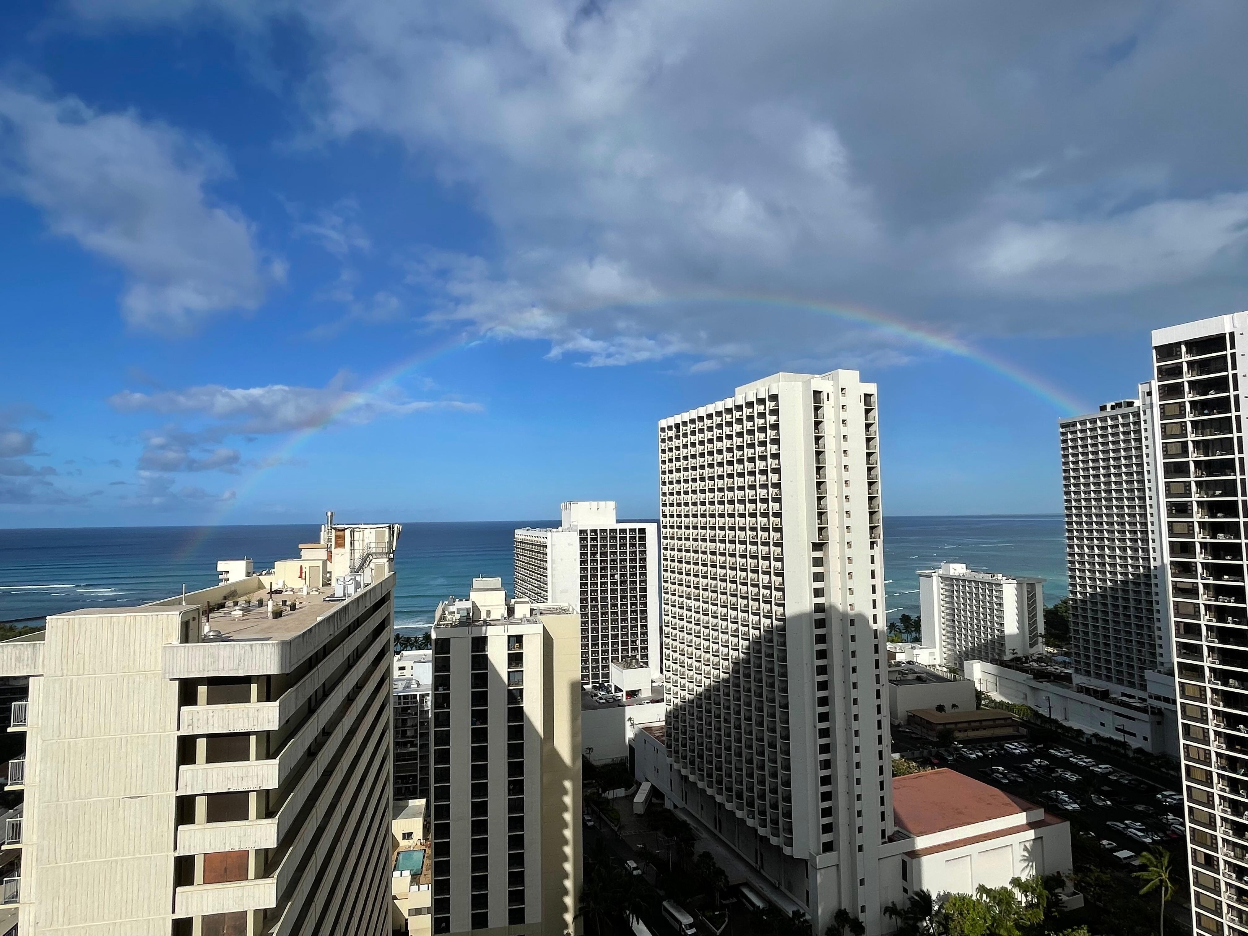 Rainbow from our balcony morning if checkout. 🙂