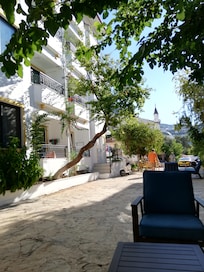 Outside hotel entrance, lovely peaceful place to sit