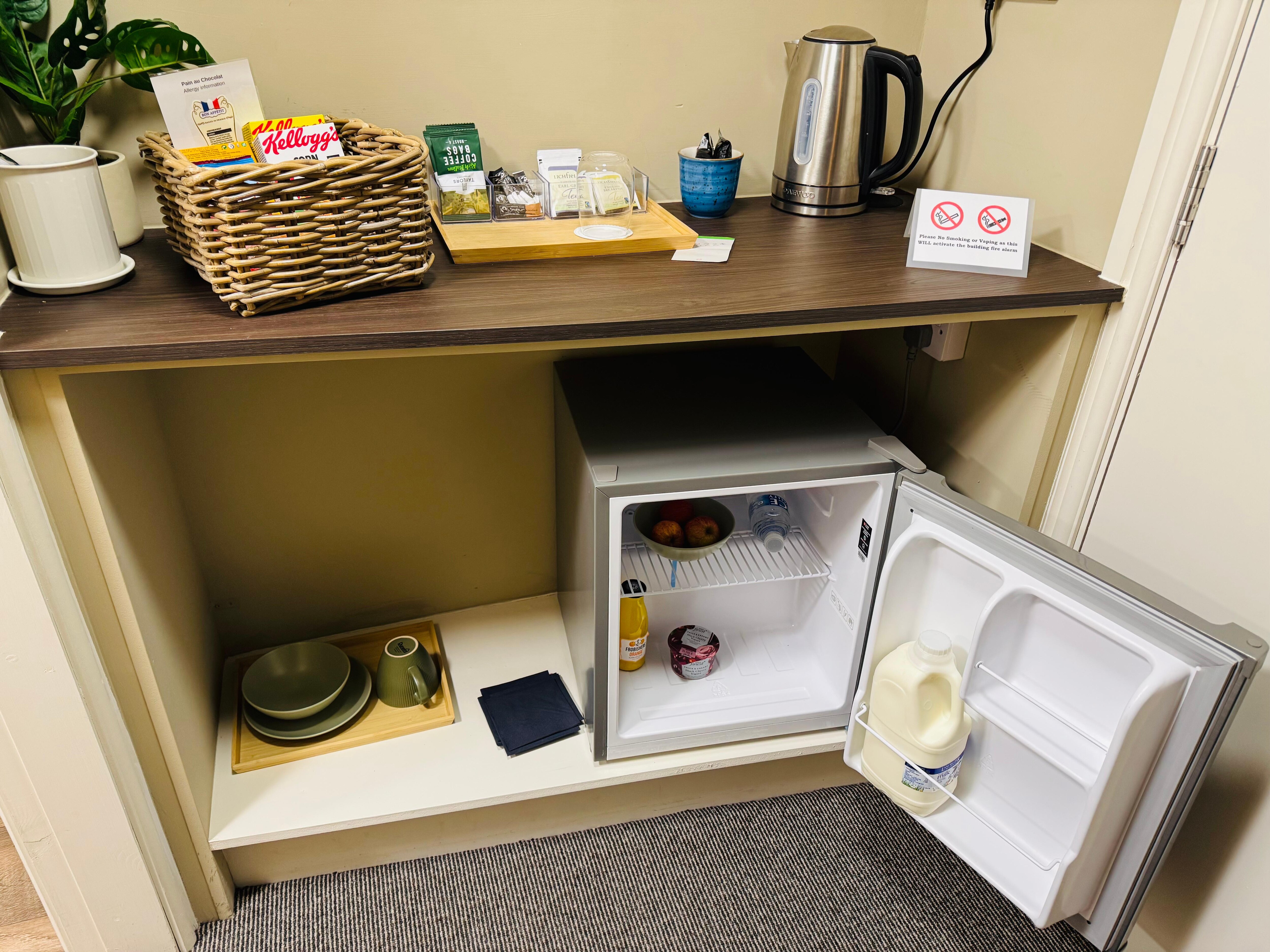 Tea/coffee/fridge station within the Endeavour Suite