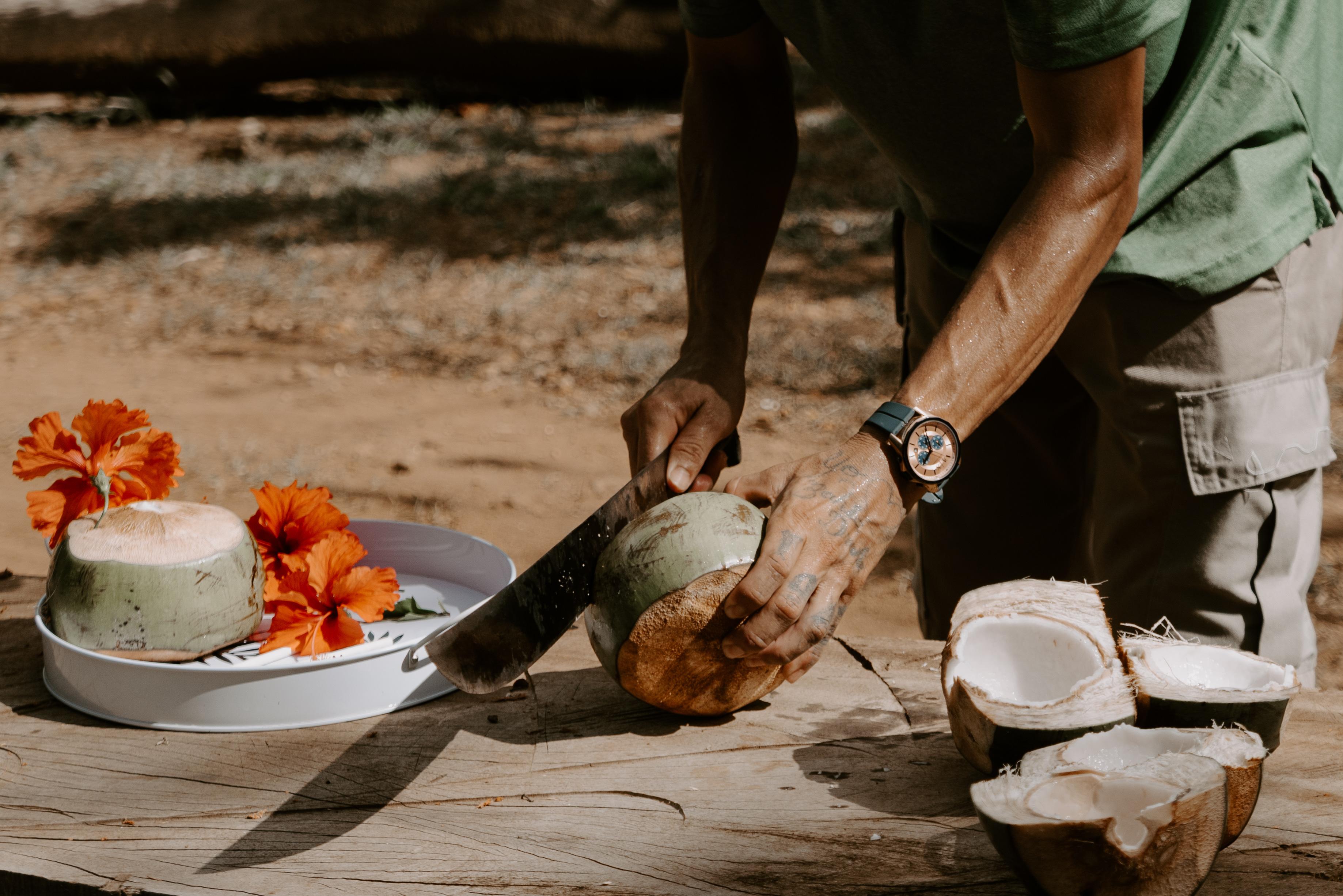 Serving us fresh coconuts