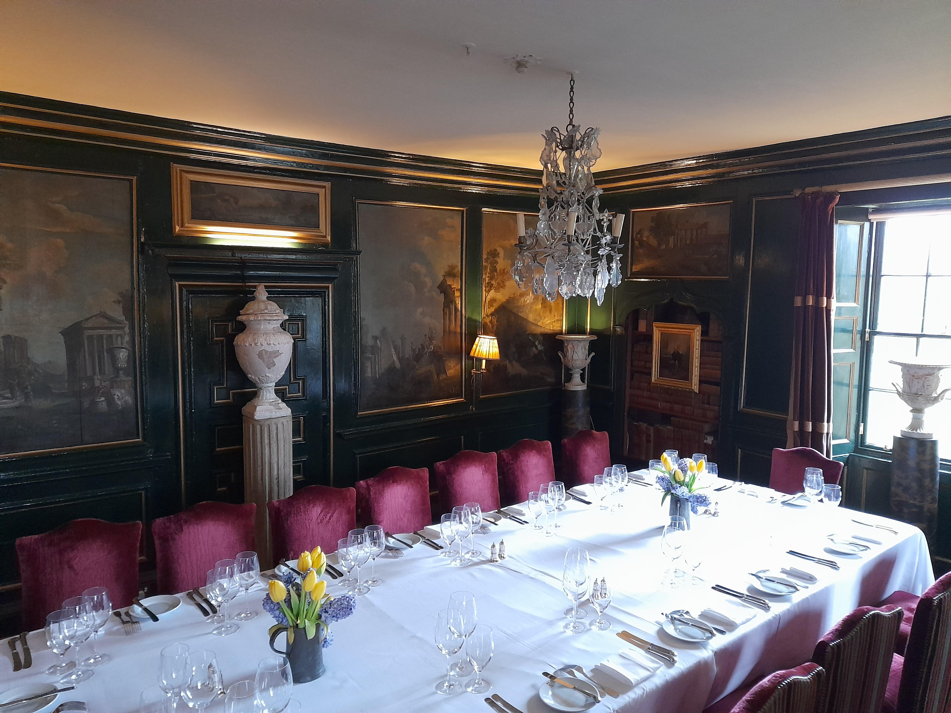 In this dining room have sat Benjamin Franklin, Dr Samuel Johnson and James Boswell, Sir Winston Churchill, and the Queen Mother. The painted panels are those from mid-18th century.