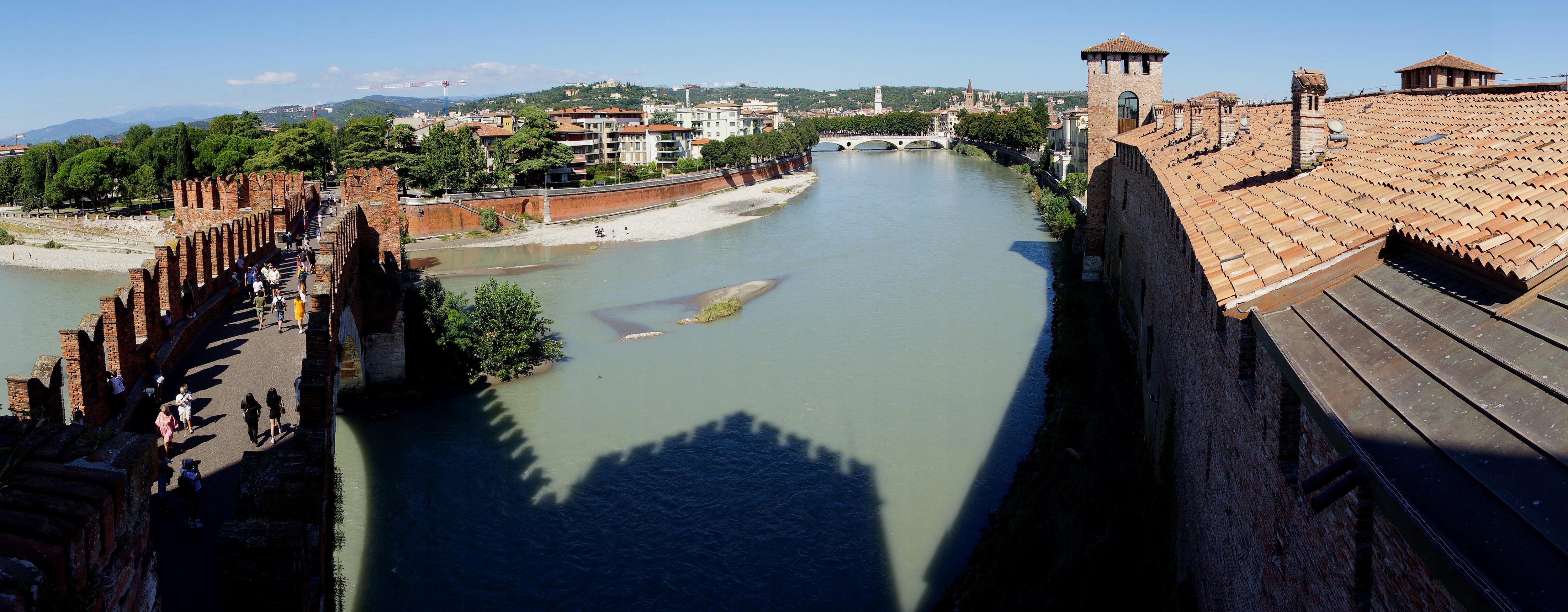 Looking down from Castelvecchio looking down on the Adige River and the bridge