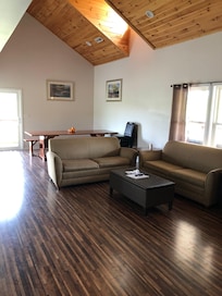 Very roomy Also has 2 q rooms upstairs with bathroom and master bedroom and bath on main level.