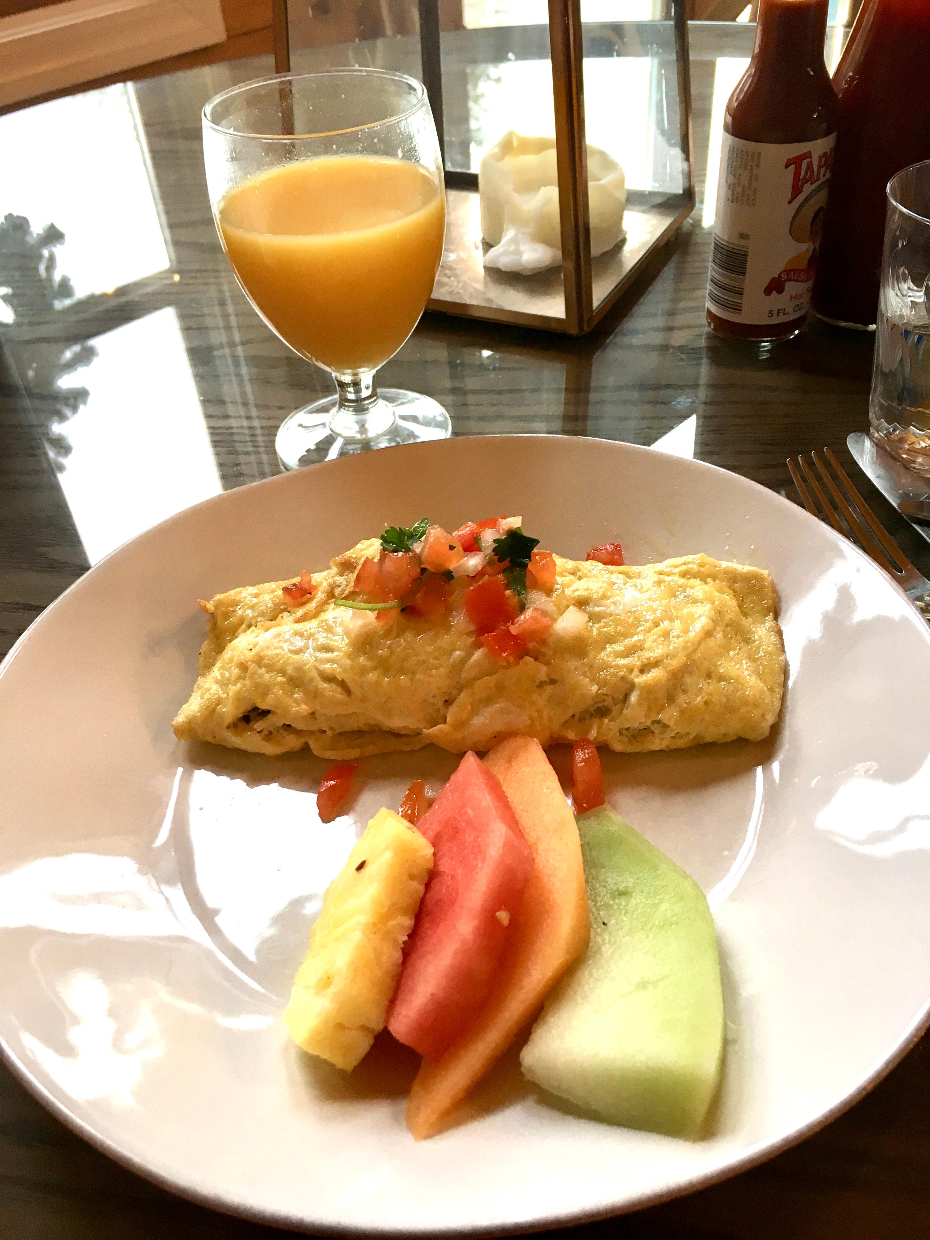 Free breakfast: omelette with fresh fruit. 