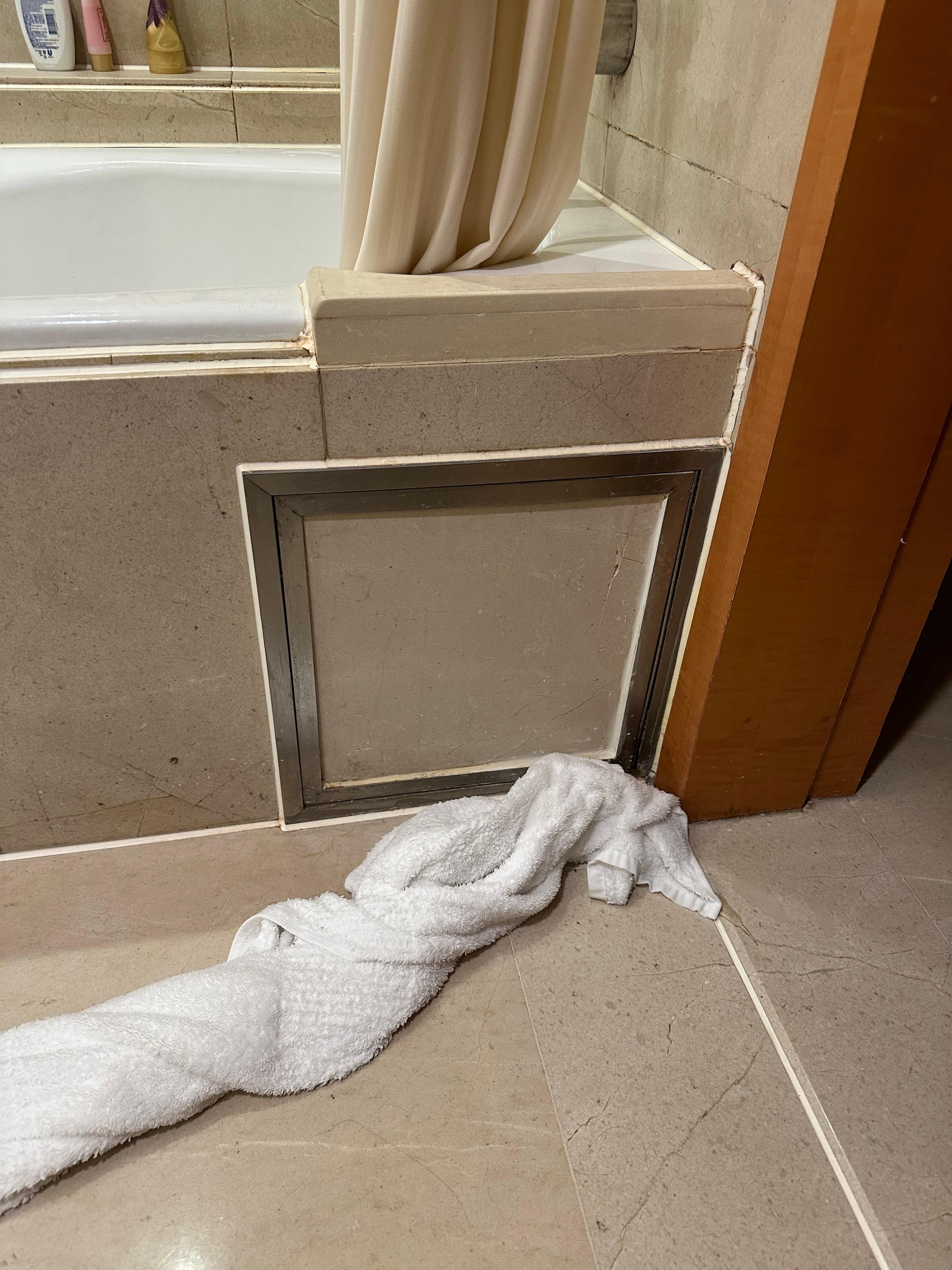 浴缸漏水，已經擦乾了地板，但是害怕太太洗澡的時候再漏水就把毛巾放地上面。