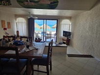 View from inside room to beach
