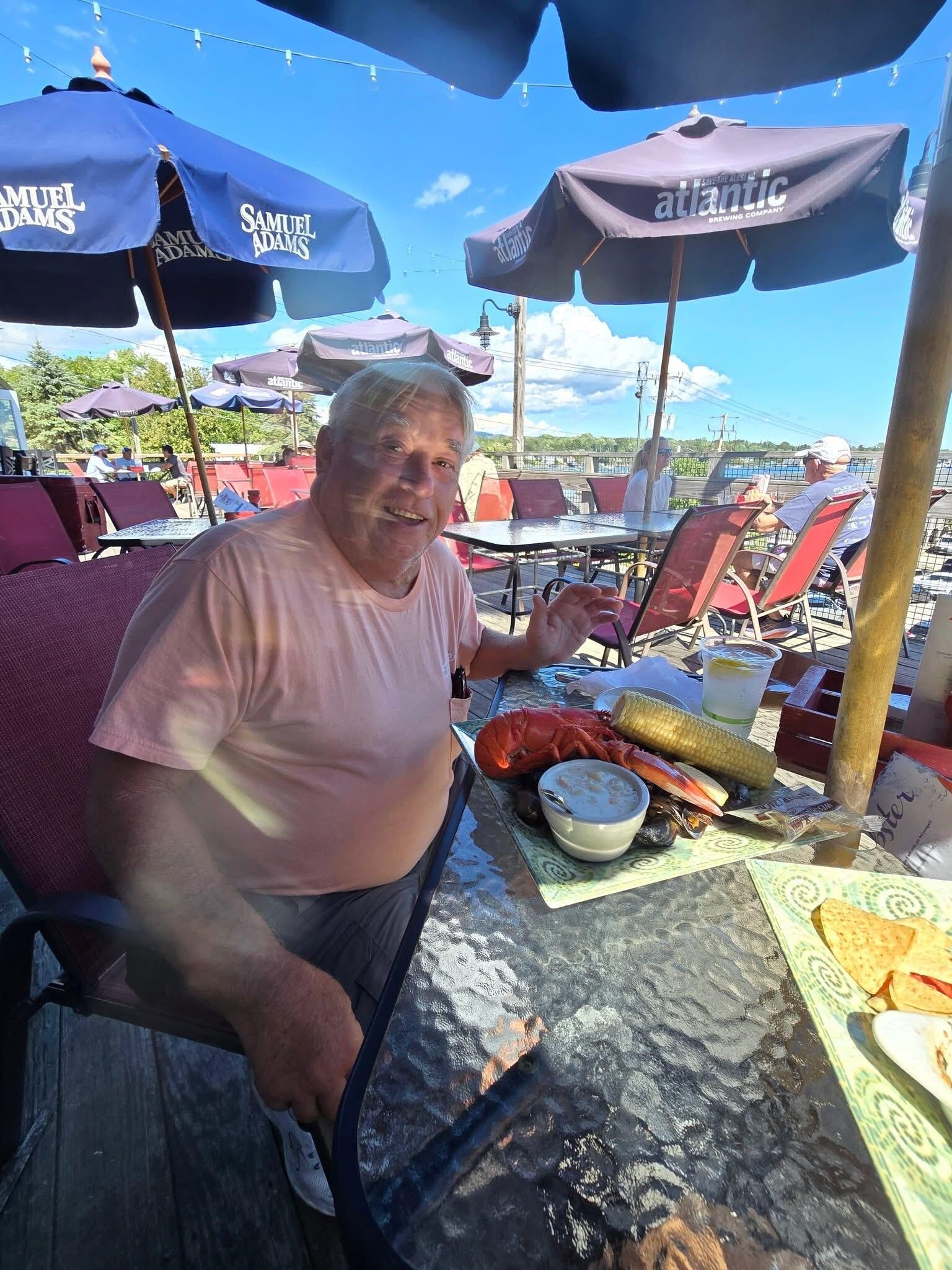 Robert’s first Lobster meal at Dockside seafood in Bar Harbor
