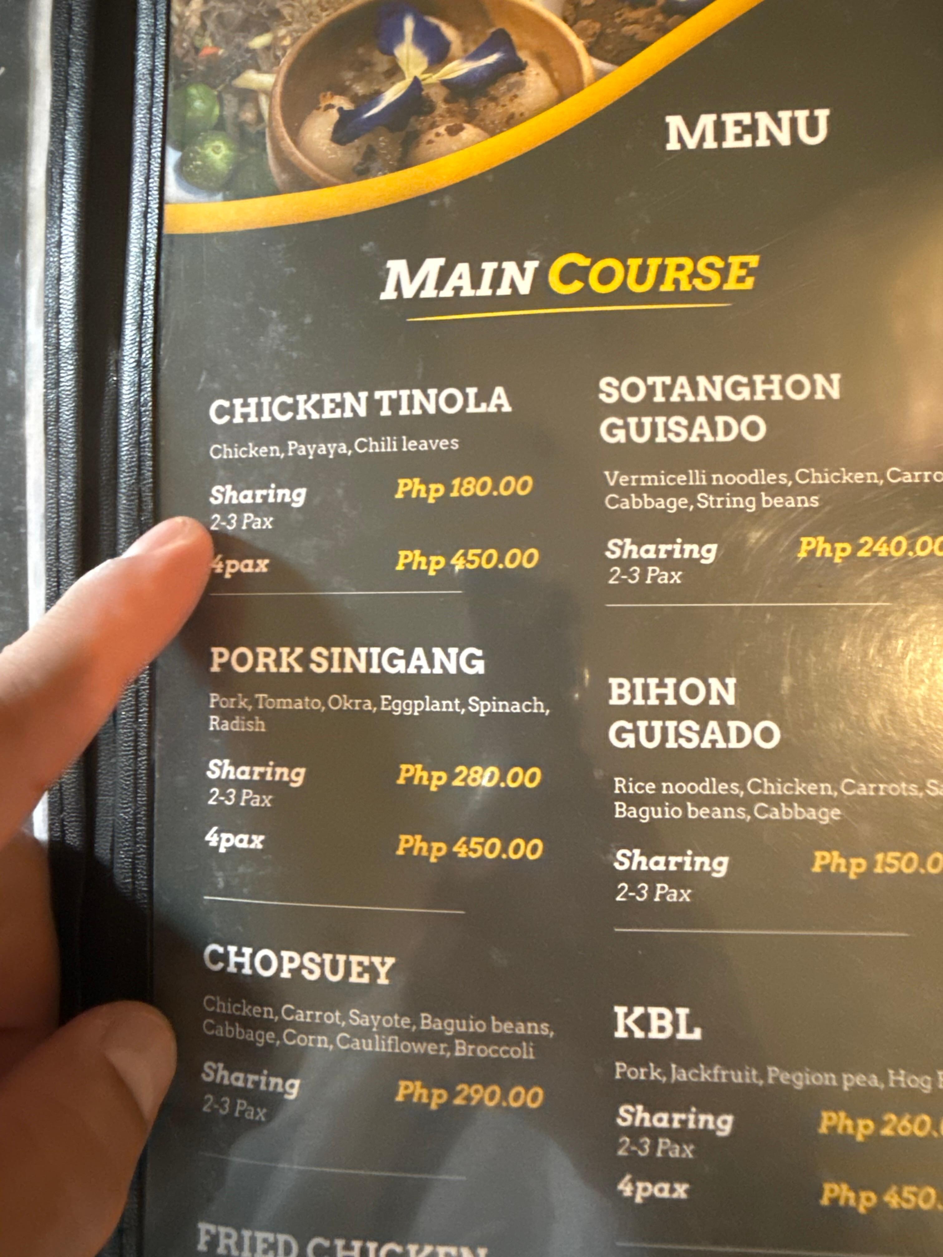 On-site restaurant menu