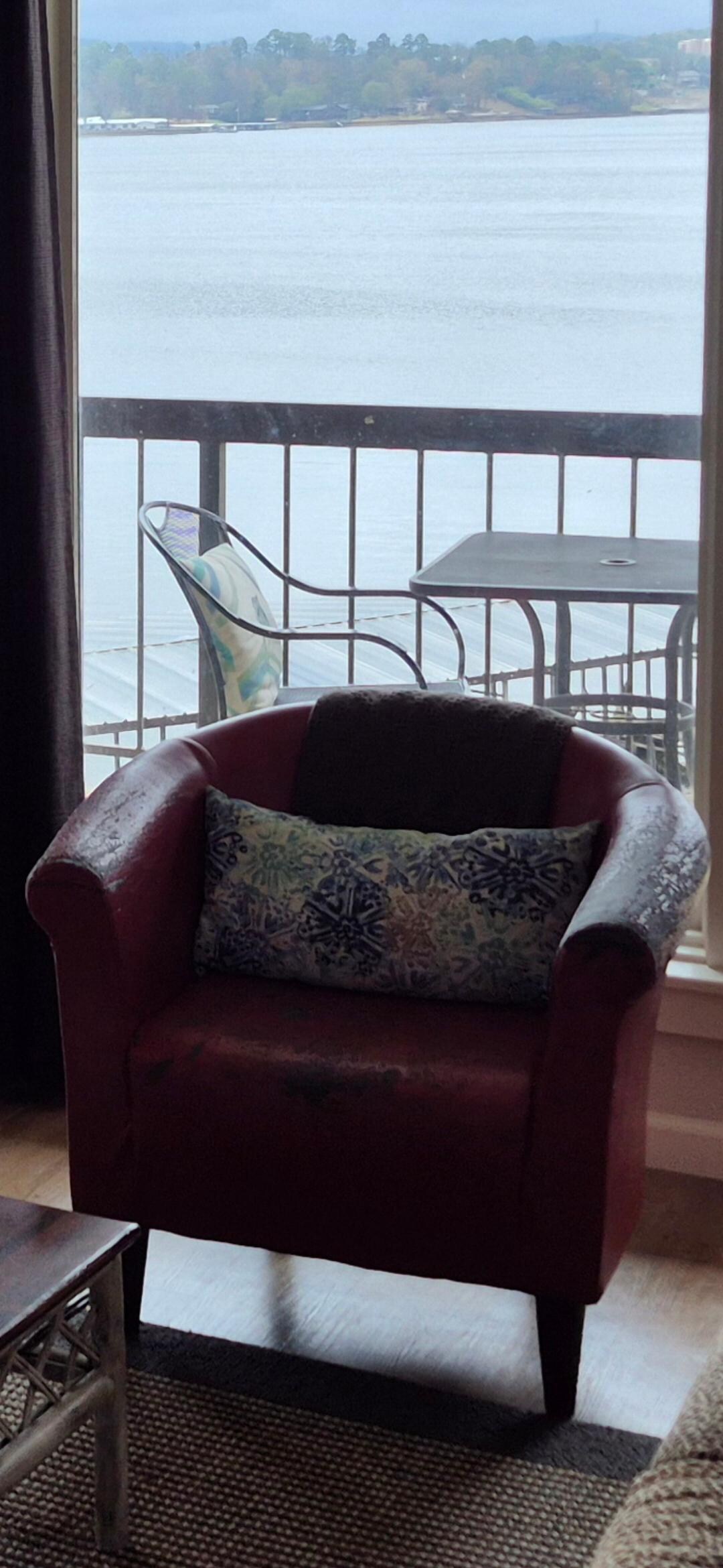 Scratched up red leather chair