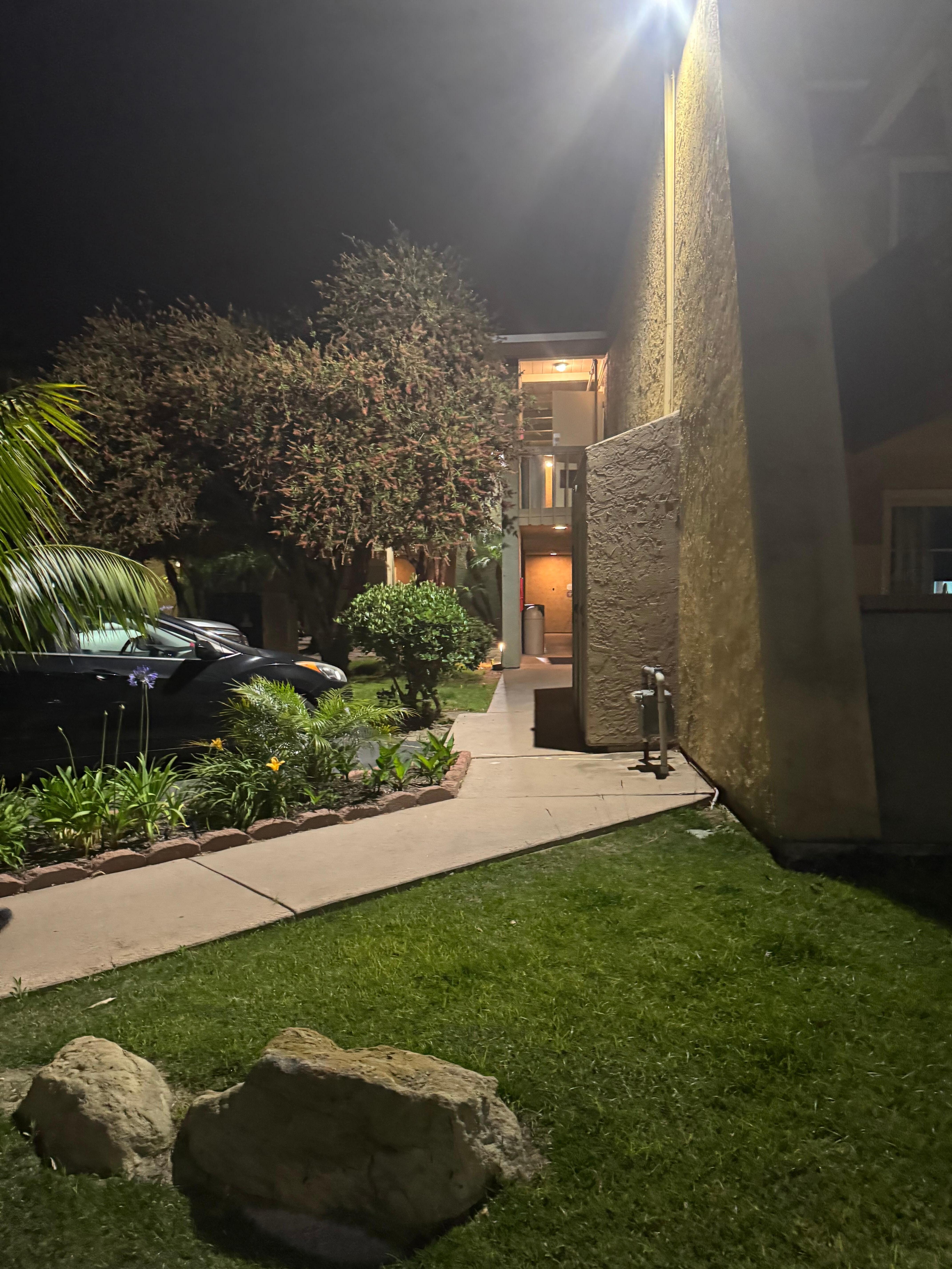 Stayed on the second story and had parking close to our unit. Coming back from Whole Foods very pretty landscaping and lighting to welcome us for slumber.