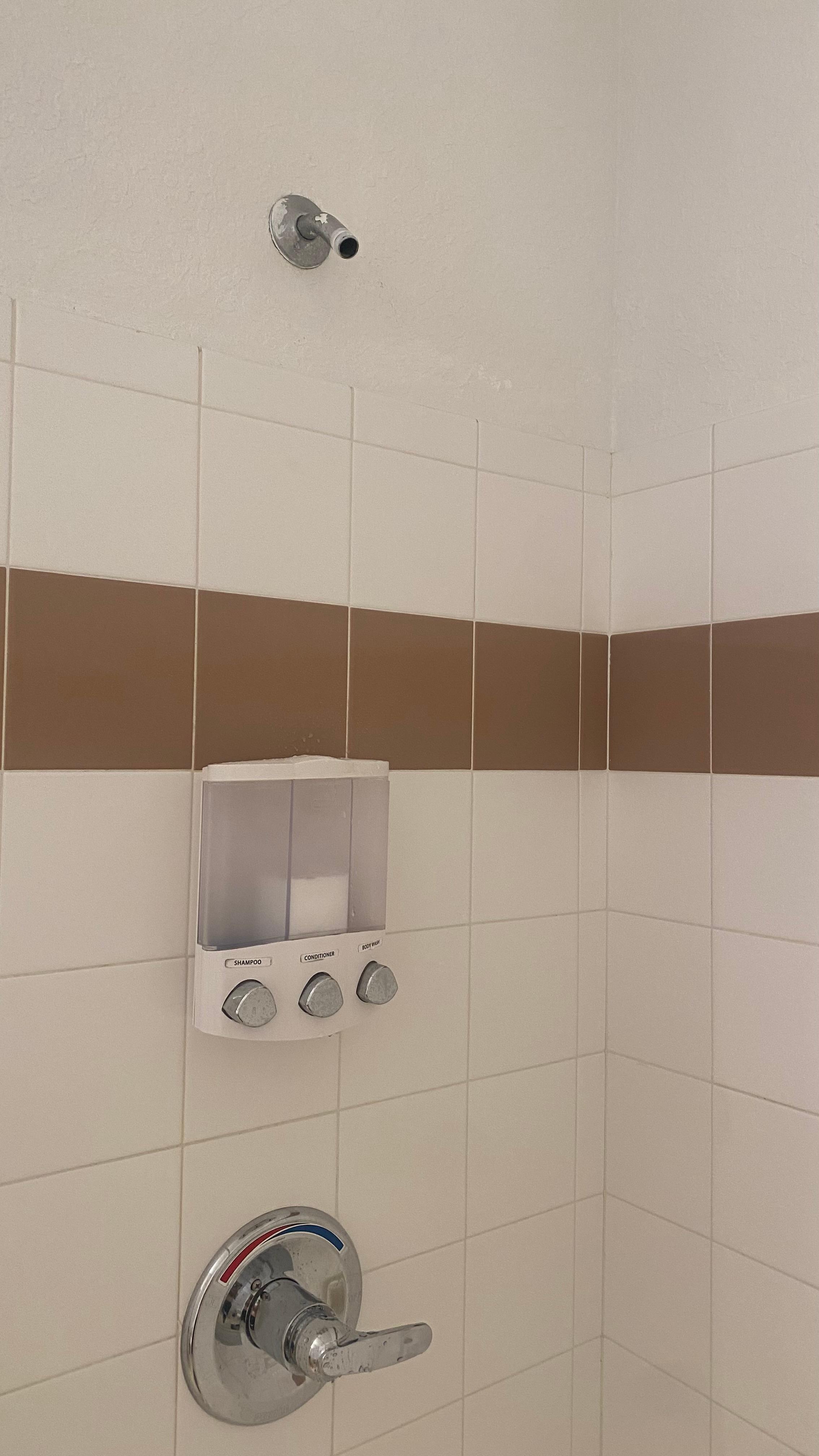 Master bedroom shower missing head only the pipe is exposed.