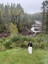 First look on the home’s lawn with Baptism River in background.