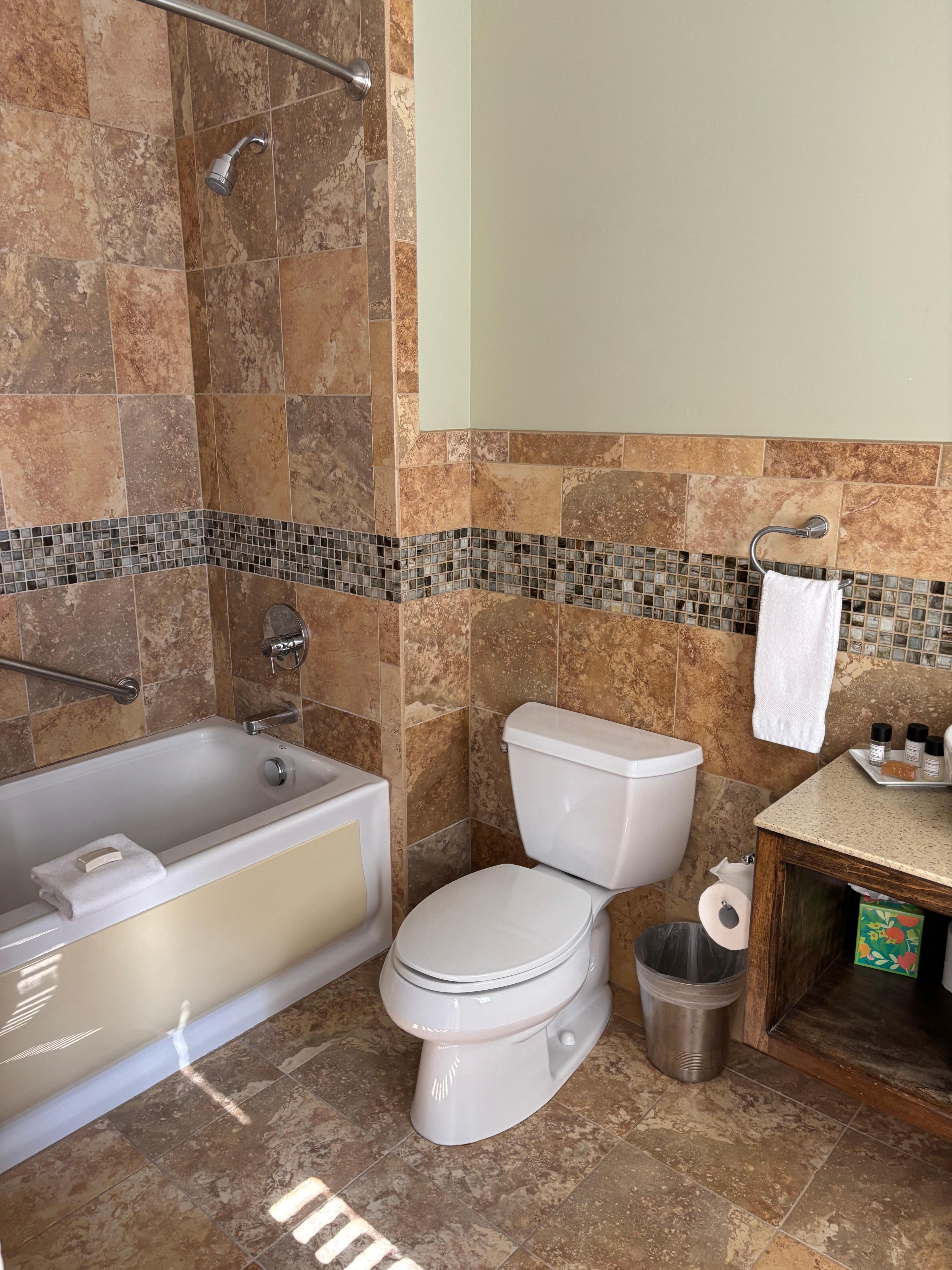 Bathroom (shower activated by pulldown plug under bath spigot).