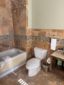 Bathroom (shower activated by pulldown plug under bath spigot).