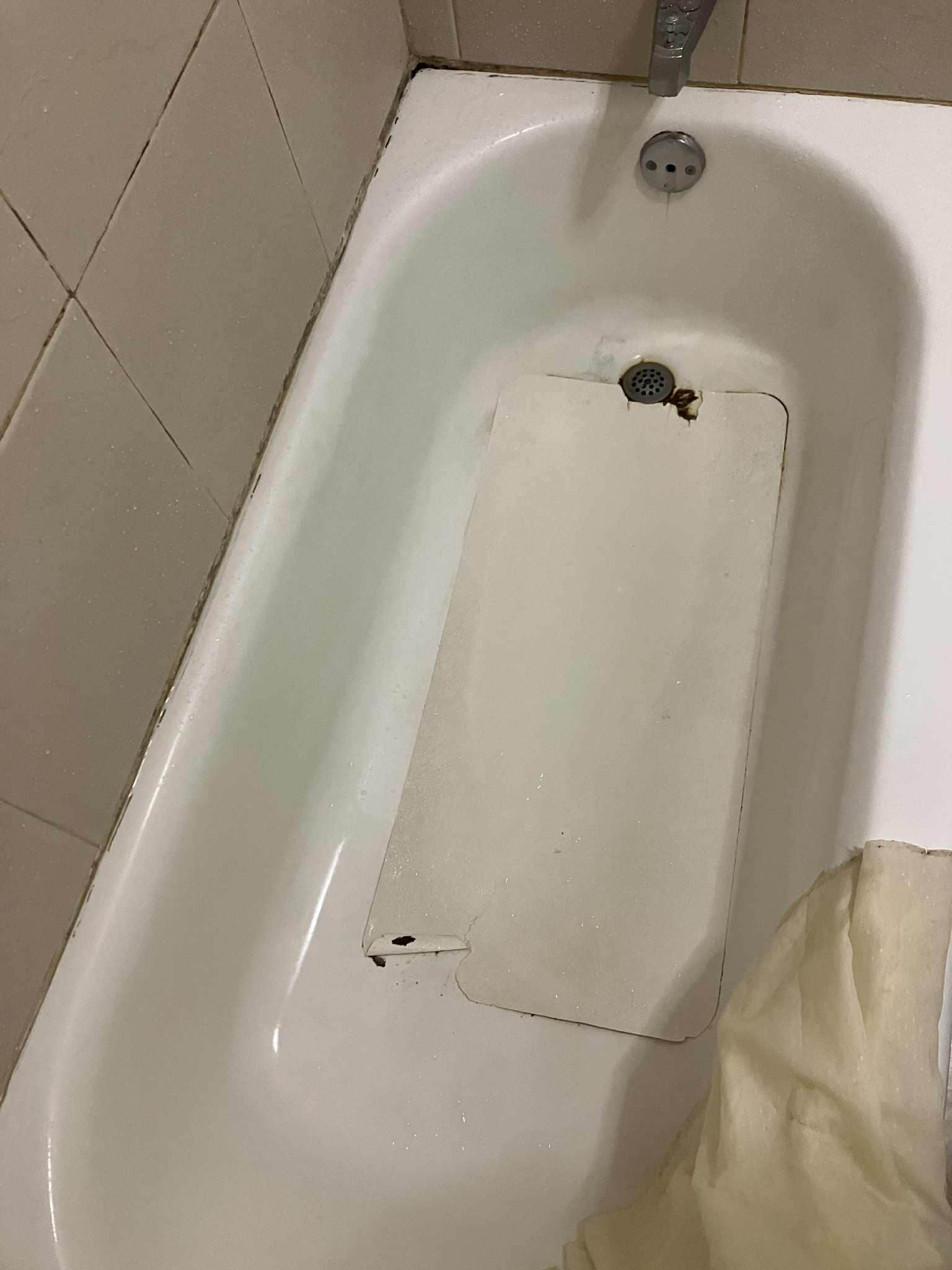 Rust and Mold in and around Bathtub/shower. Bathtub mat torn.