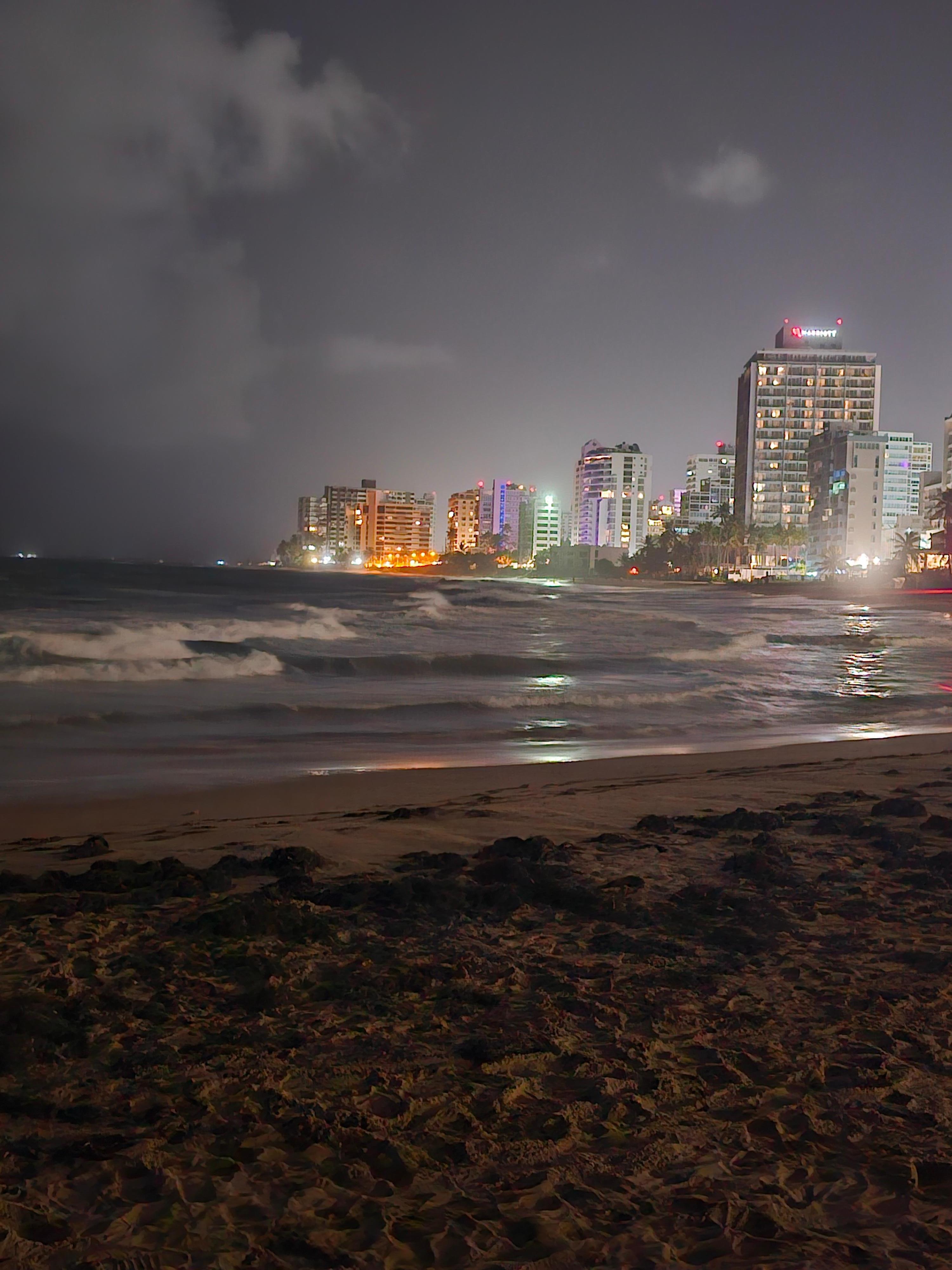 View at night from Condado Beach.  Stella Maris Condos, right in front of the Marriott Resort 