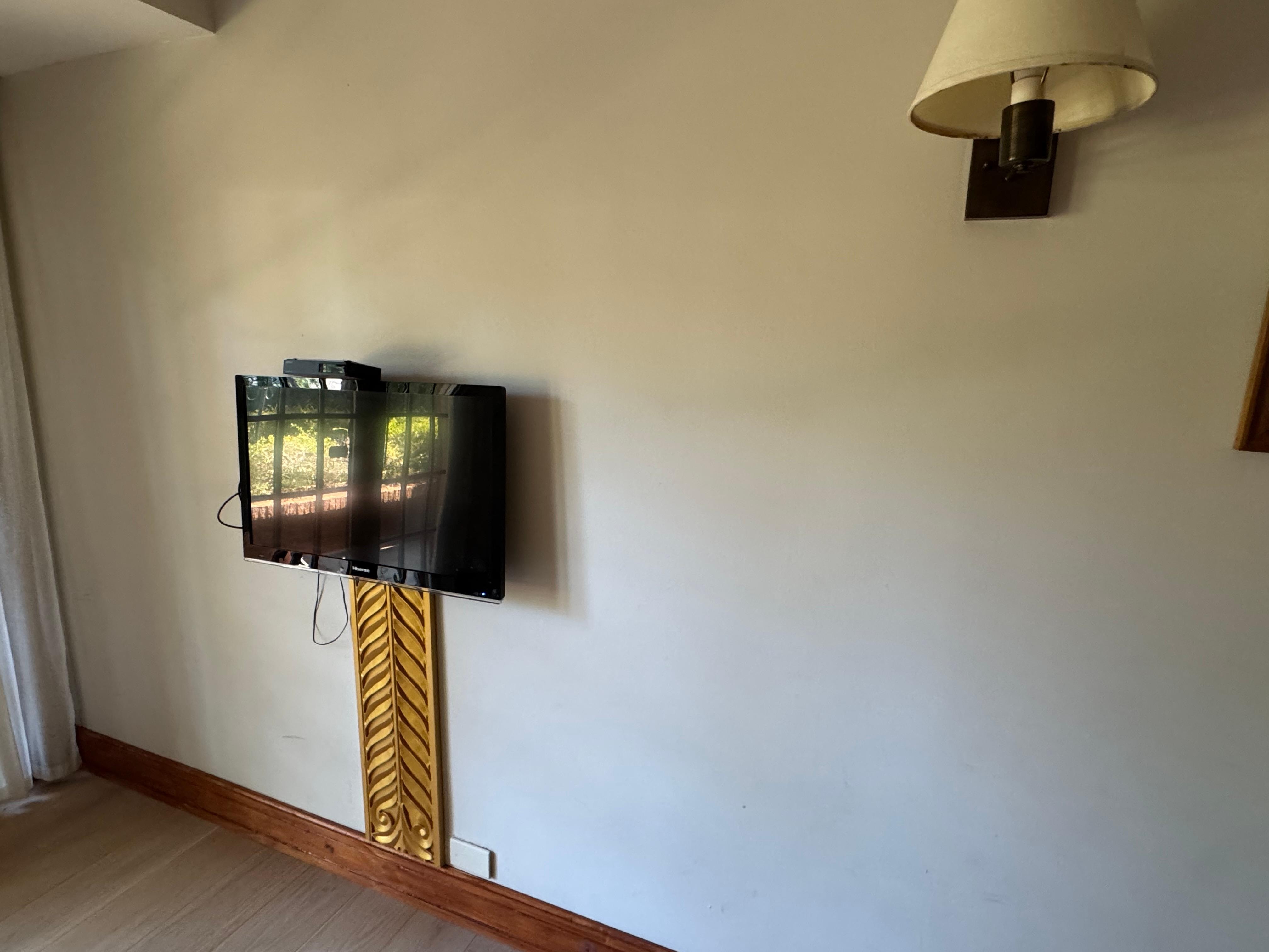 This is the TINY TV if you can even see it. Not even located in front of the sofa.