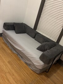 3rd bedroom doesn’t have a bed. My middle school aged child was too long to sleep comfortably on it and it didn’t seem like a very cleanable option for a bed.