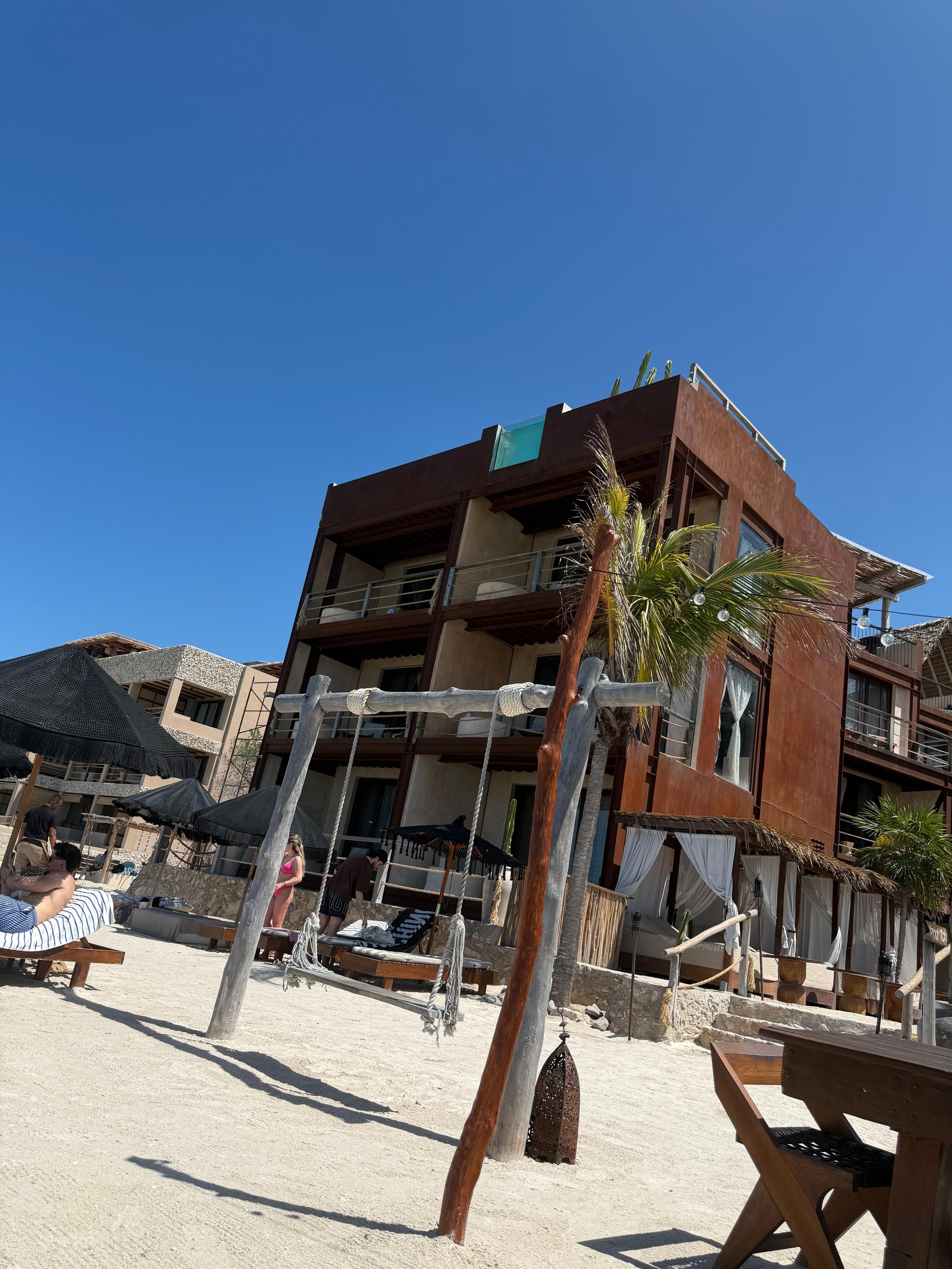Beach view of one of the buildings. 