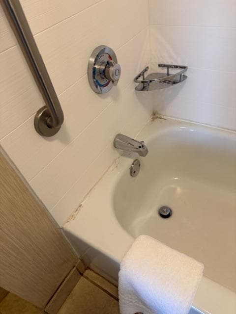 Bathtub grout badly stained.