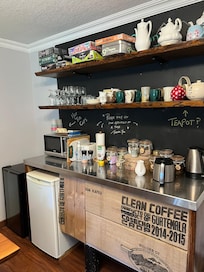 Breakfast room. You may use the fridge and access coffee and tea at any time. There’s also a small great selection of games!