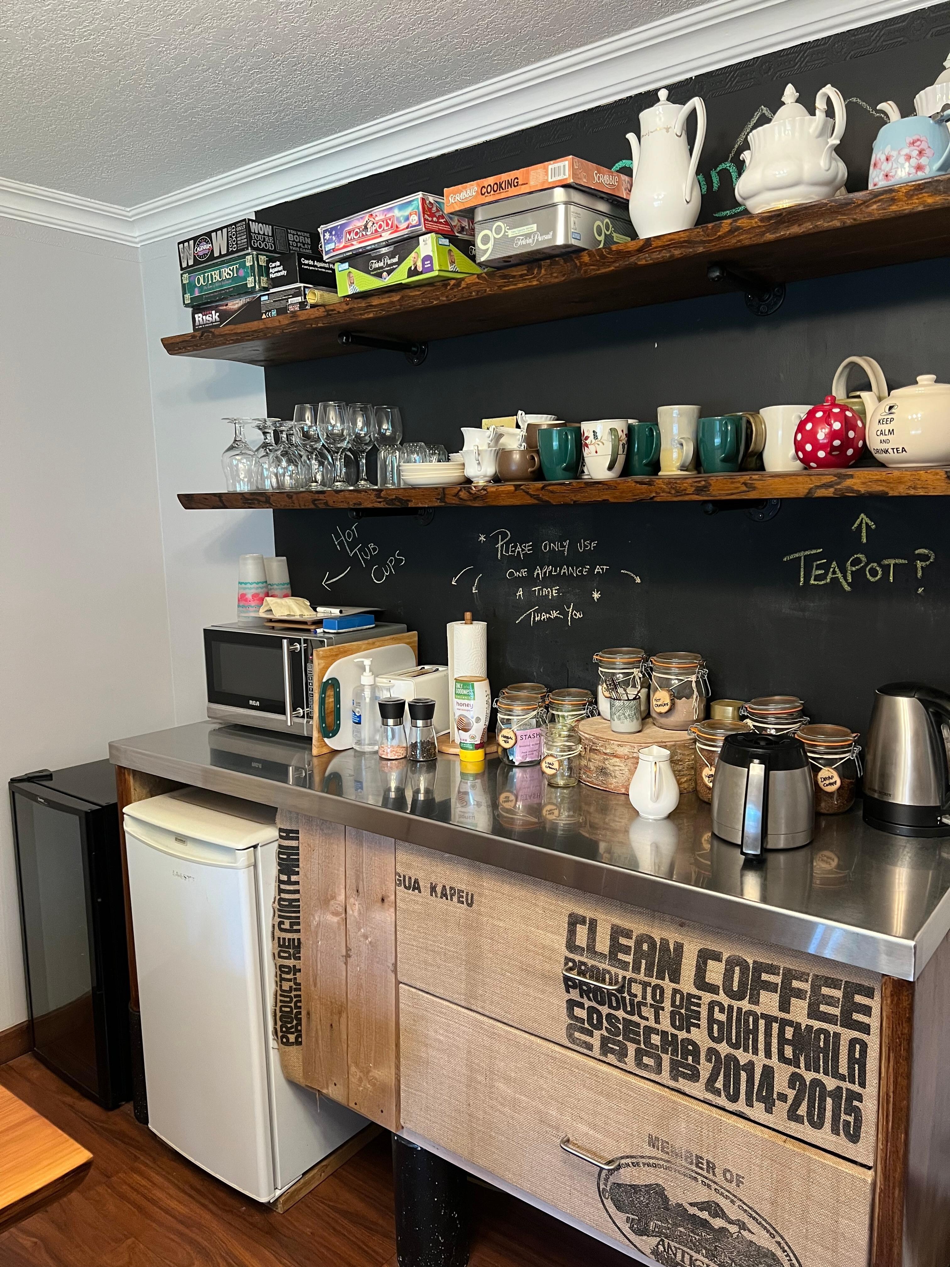Breakfast room. You may use the fridge and access coffee and tea at any time. There’s also a small great selection of games! 