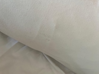 Manchas en los blancos de la cama y almohadas.