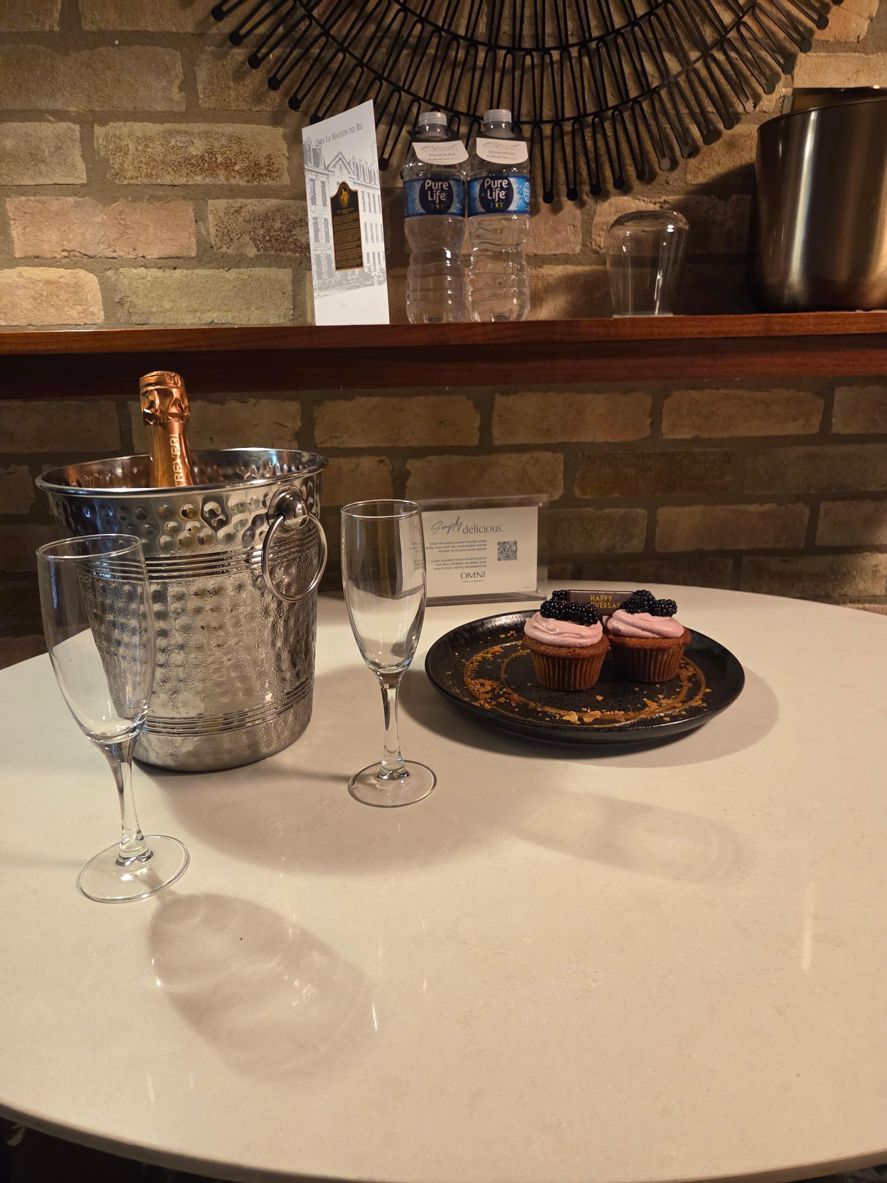 Complimentary champagne and cupcakes for our Anniversary 