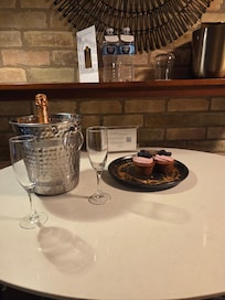 Complimentary champagne and cupcakes for our Anniversary