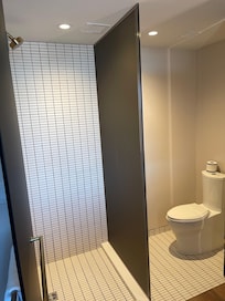 Toilet and Shower glass room.