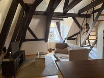 Living room and mezzanine bedroom with skylight window