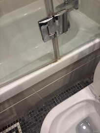 Rust, mold, and grime on the shower door frame — the kind of detail that shows zero maintenance and zero pride in presentation.