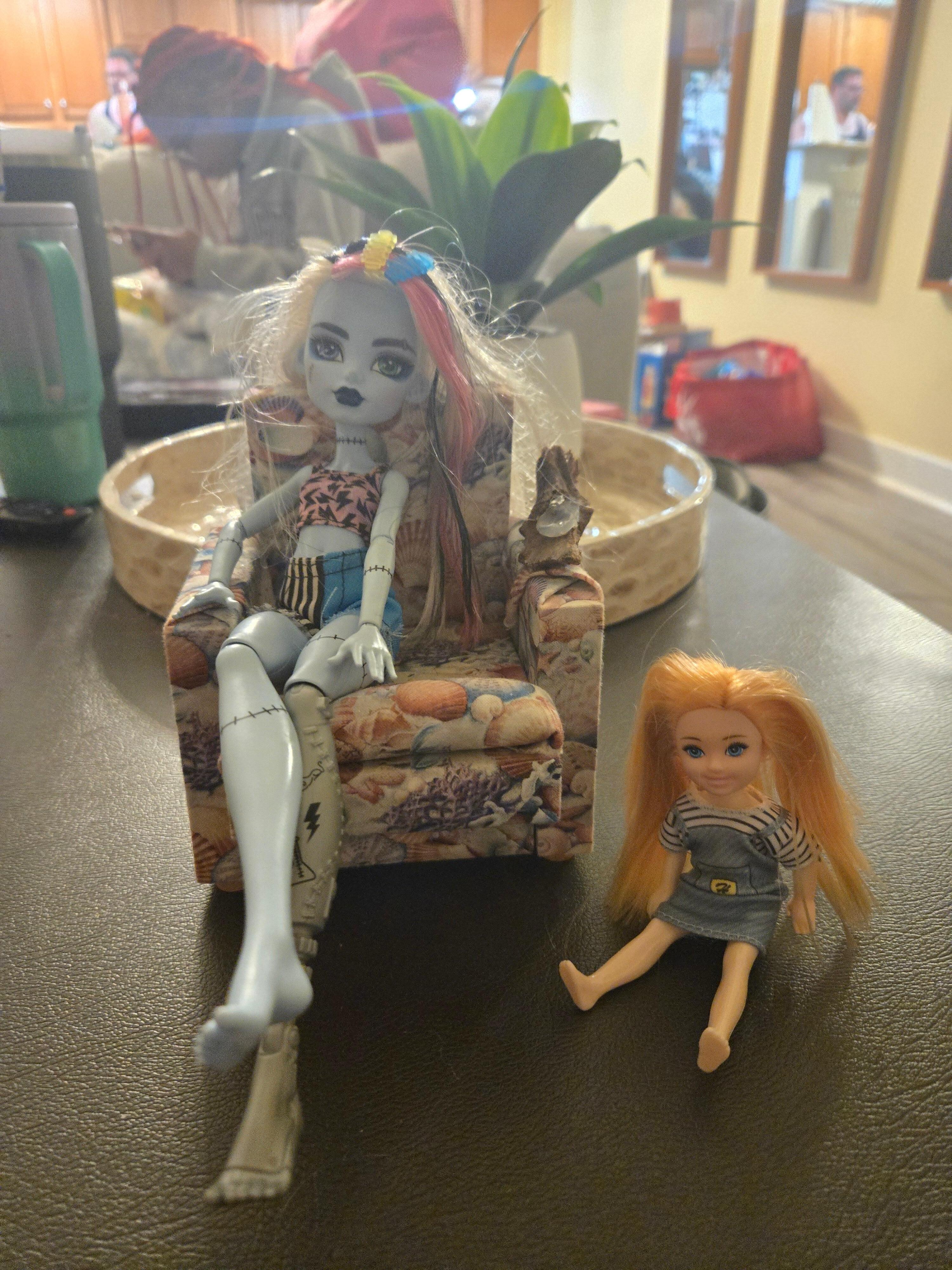 This little cair is the holder for the TV remotes. But my granddaughter used as a chair for her barbies