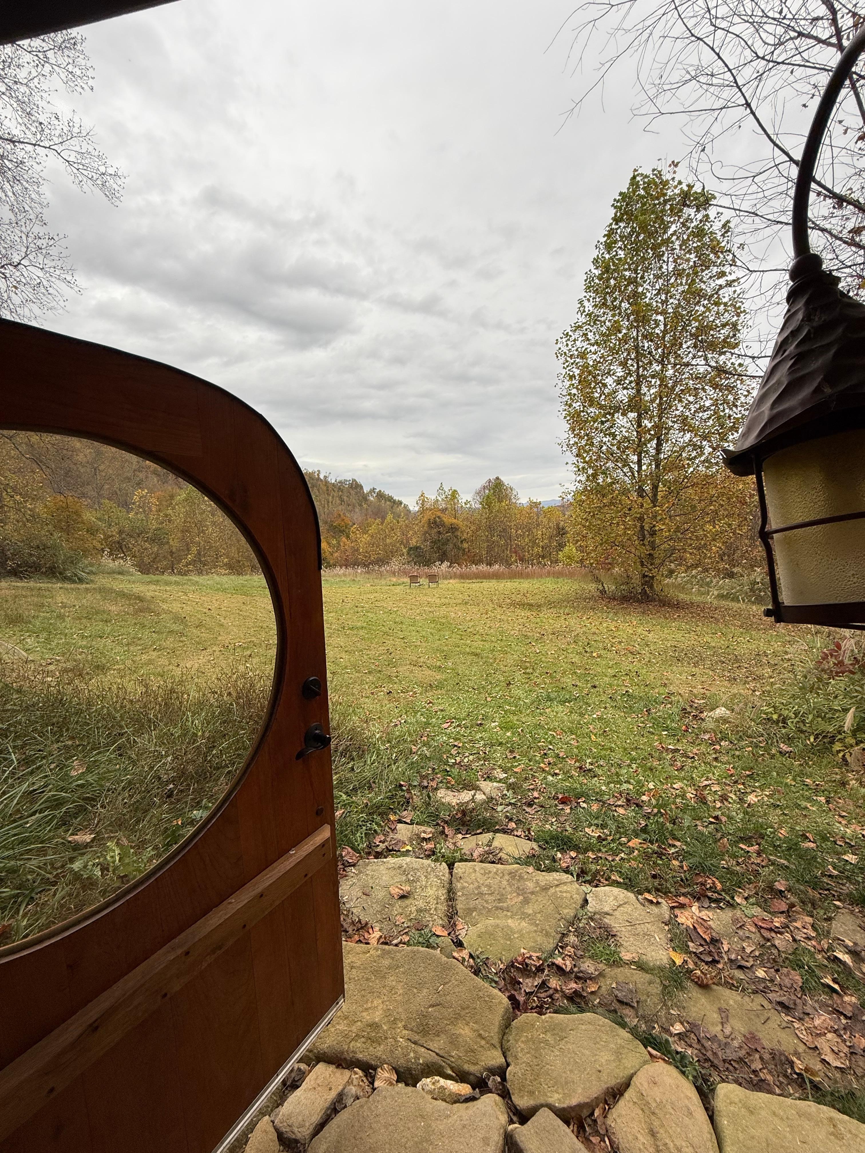 The view out the door, including the outdoor fire area.