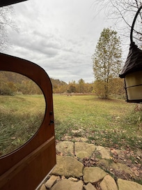 The view out the door, including the outdoor fire area.
