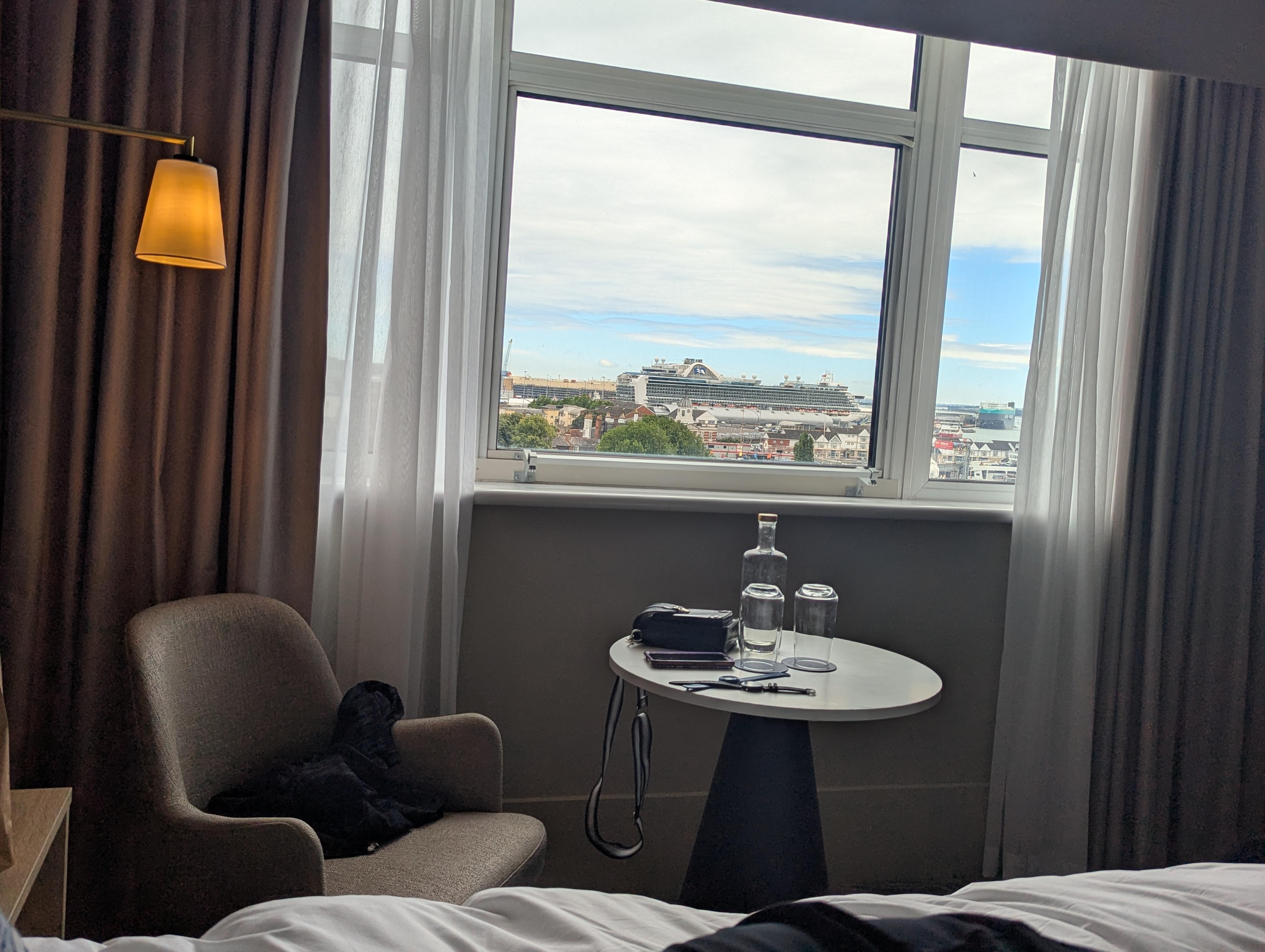 A view from our room where our cruise ship was still in port.