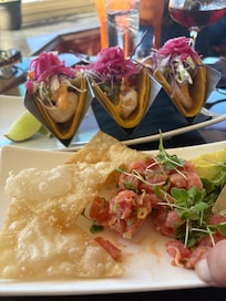 Top of the mark shrimp tacos and ahi ceviche delish!