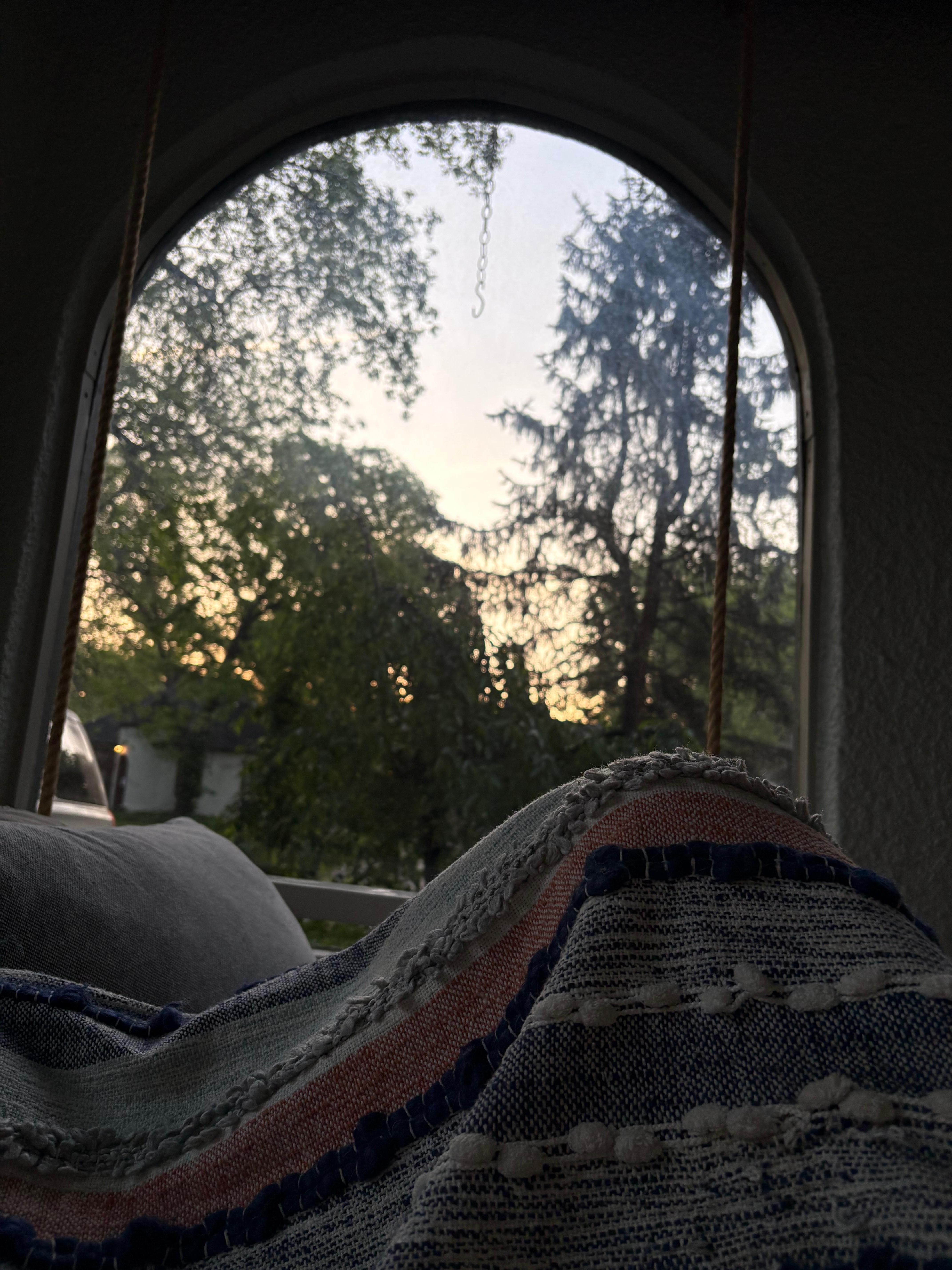 Morning on the enclosed front porch bed swing. 