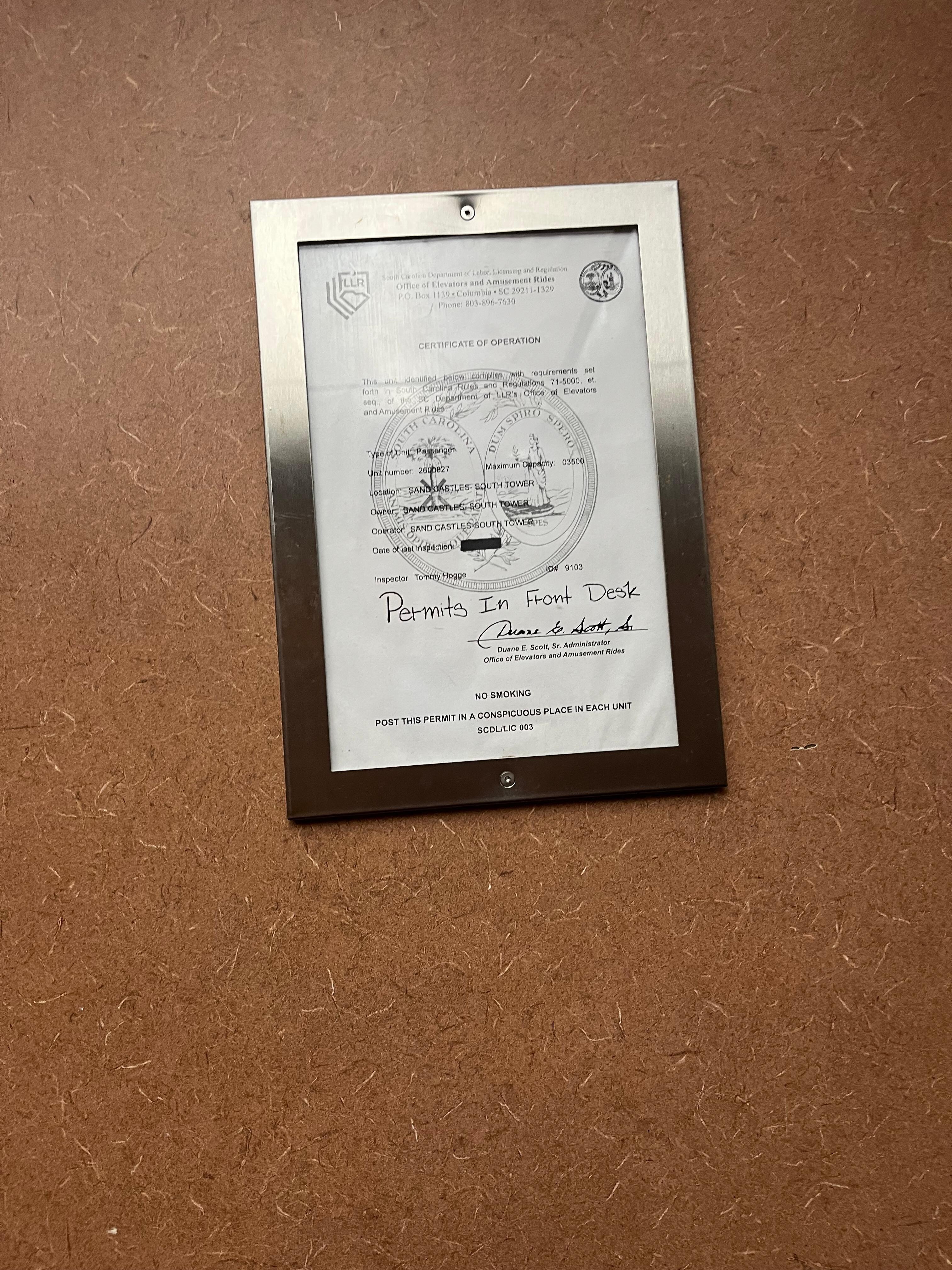 Elevator serviced who knows when 