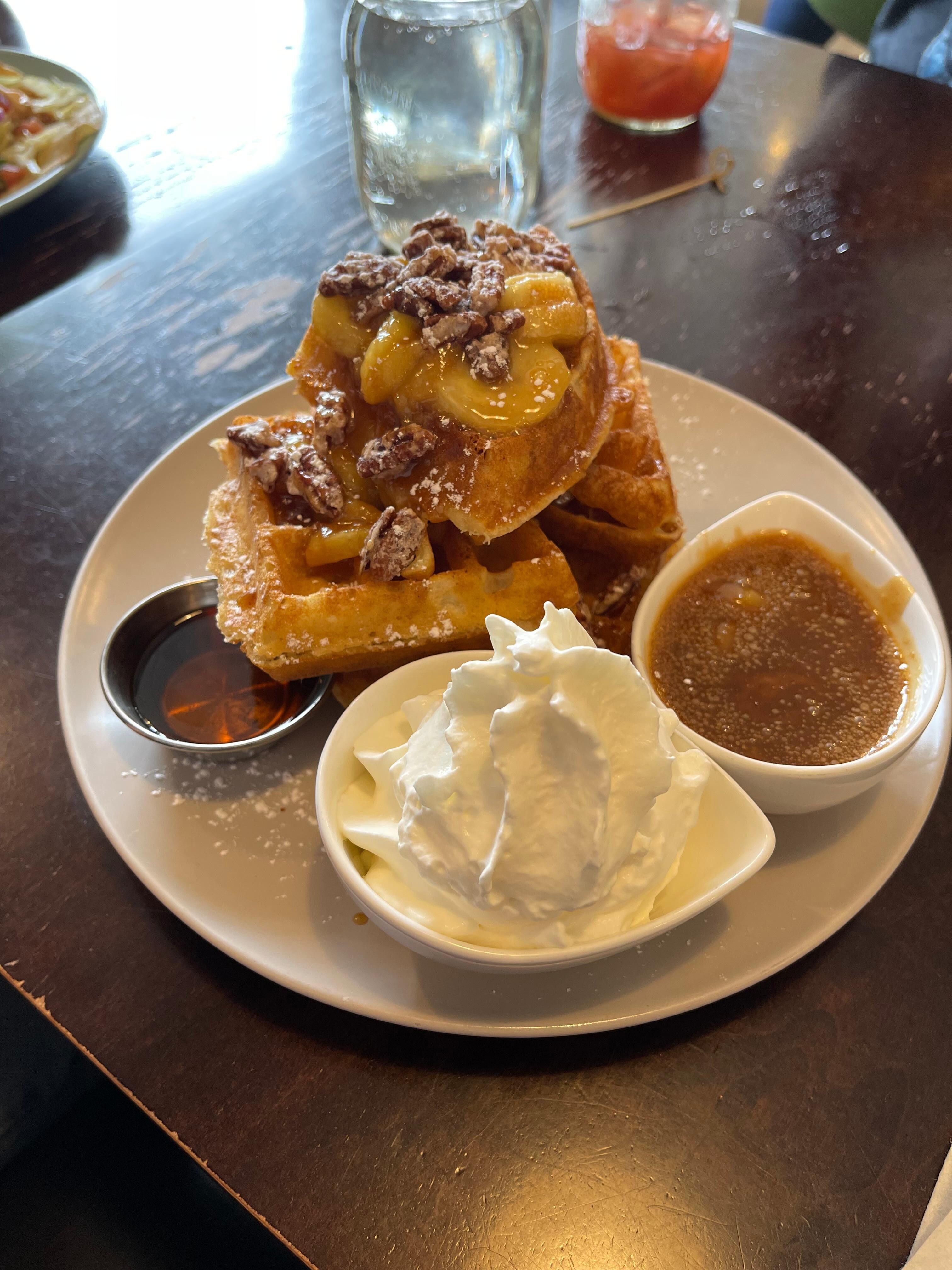 Caramelized pecan & banana waffles