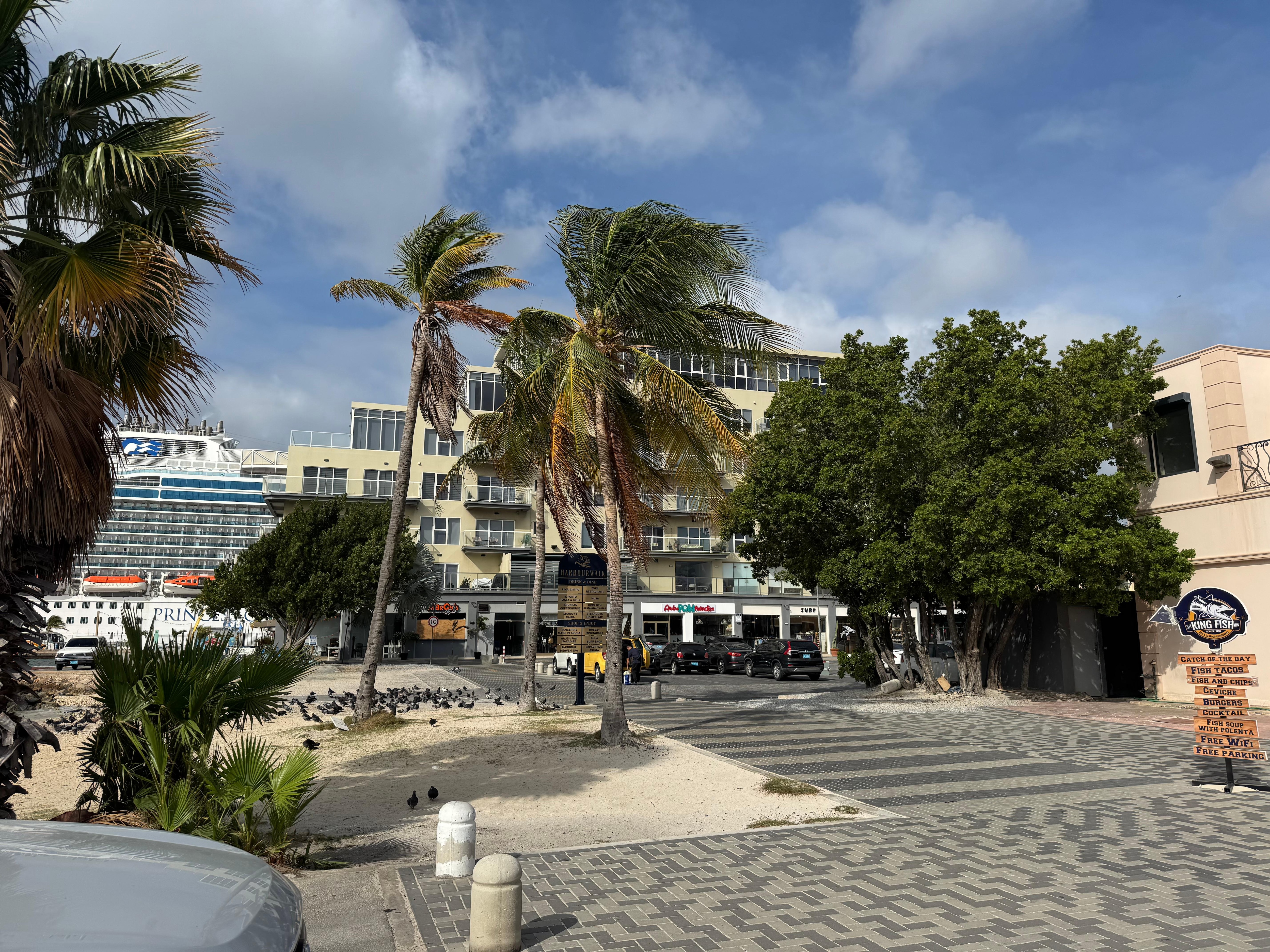 the condo with ship at dock. 