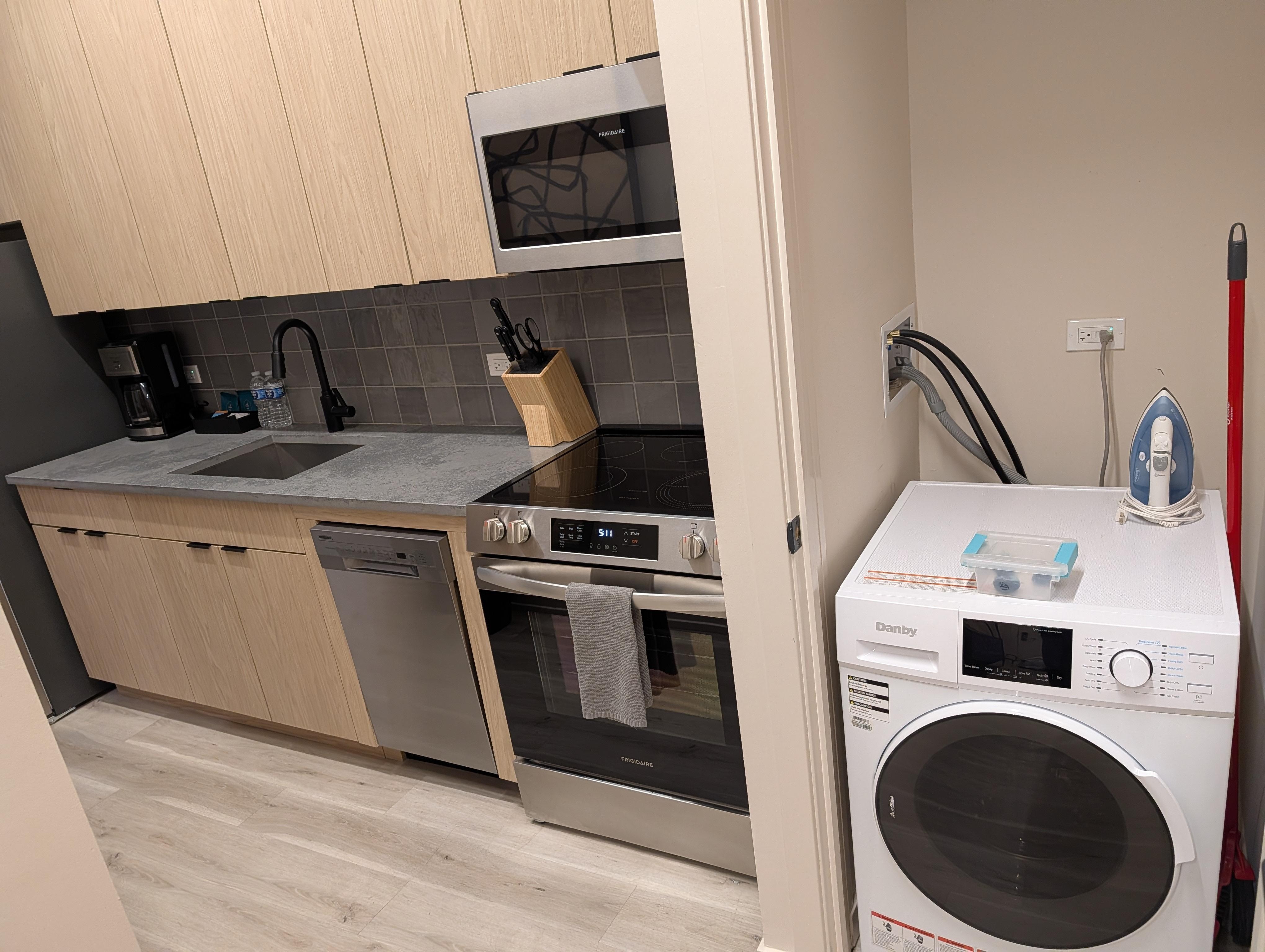 Full kitchen. I wish the washer/dryer had instructions.