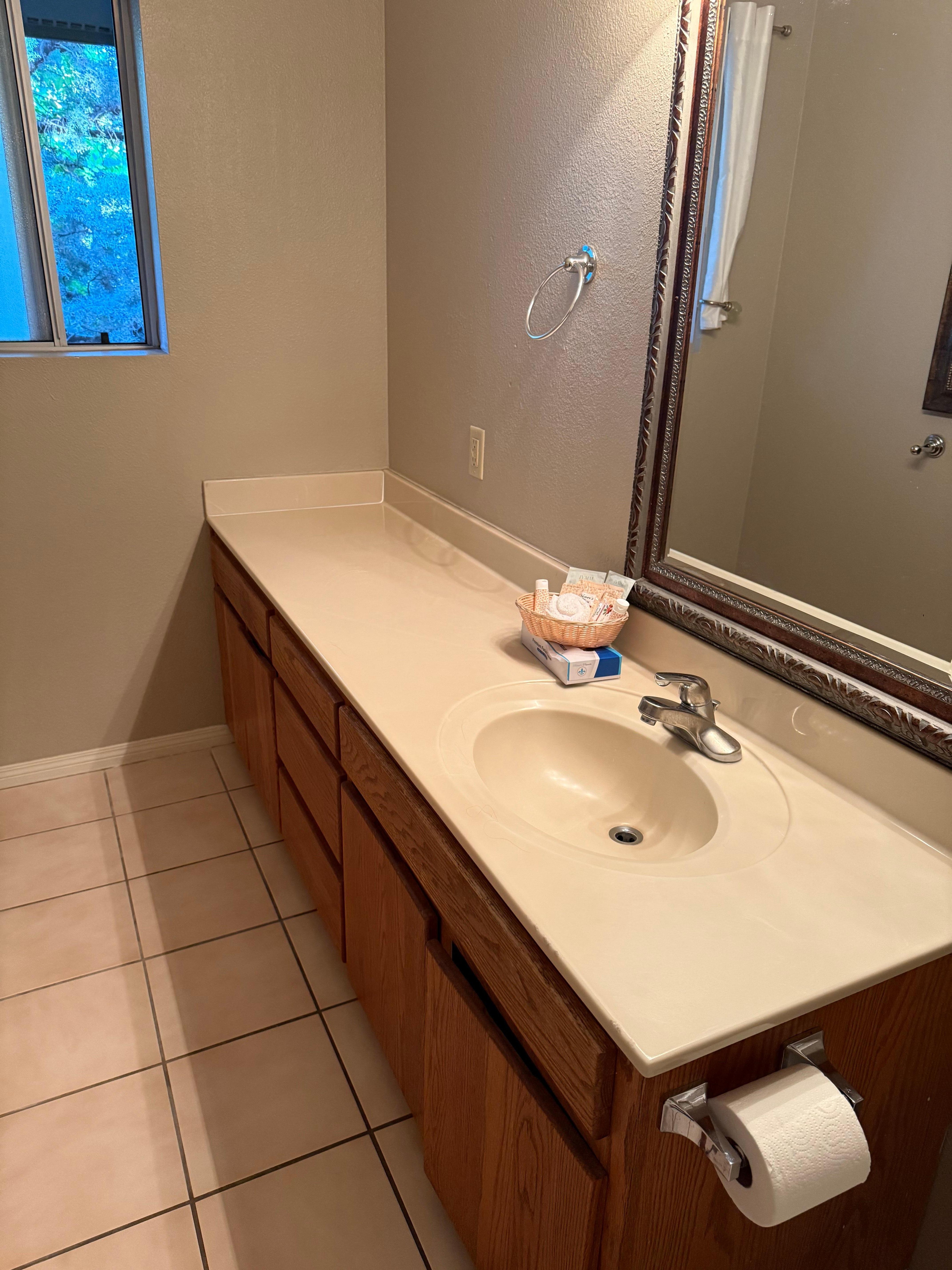 Drab bathroom - opposite of what's pictured on the website