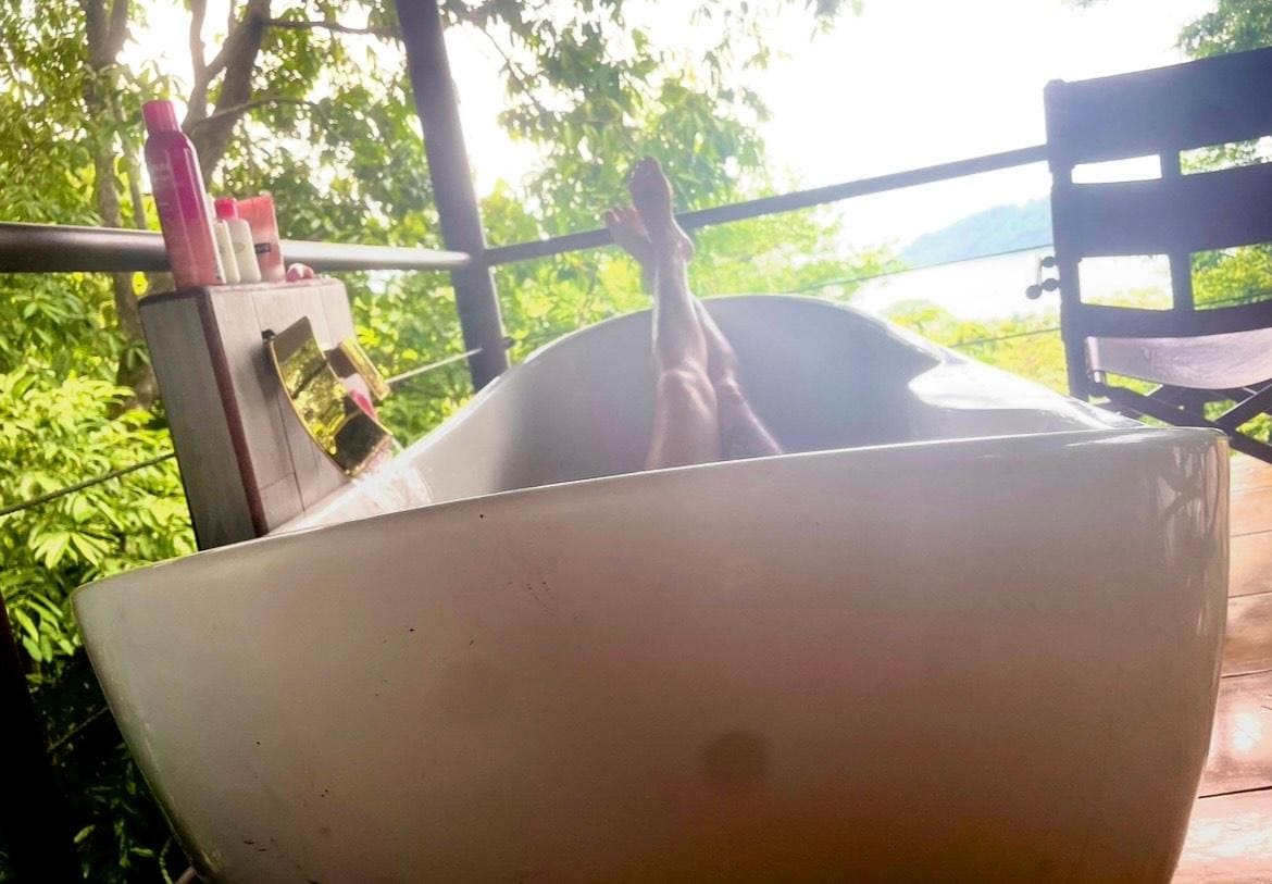 completely private outdoor bath tub with ocean view, surrounded by wildlife