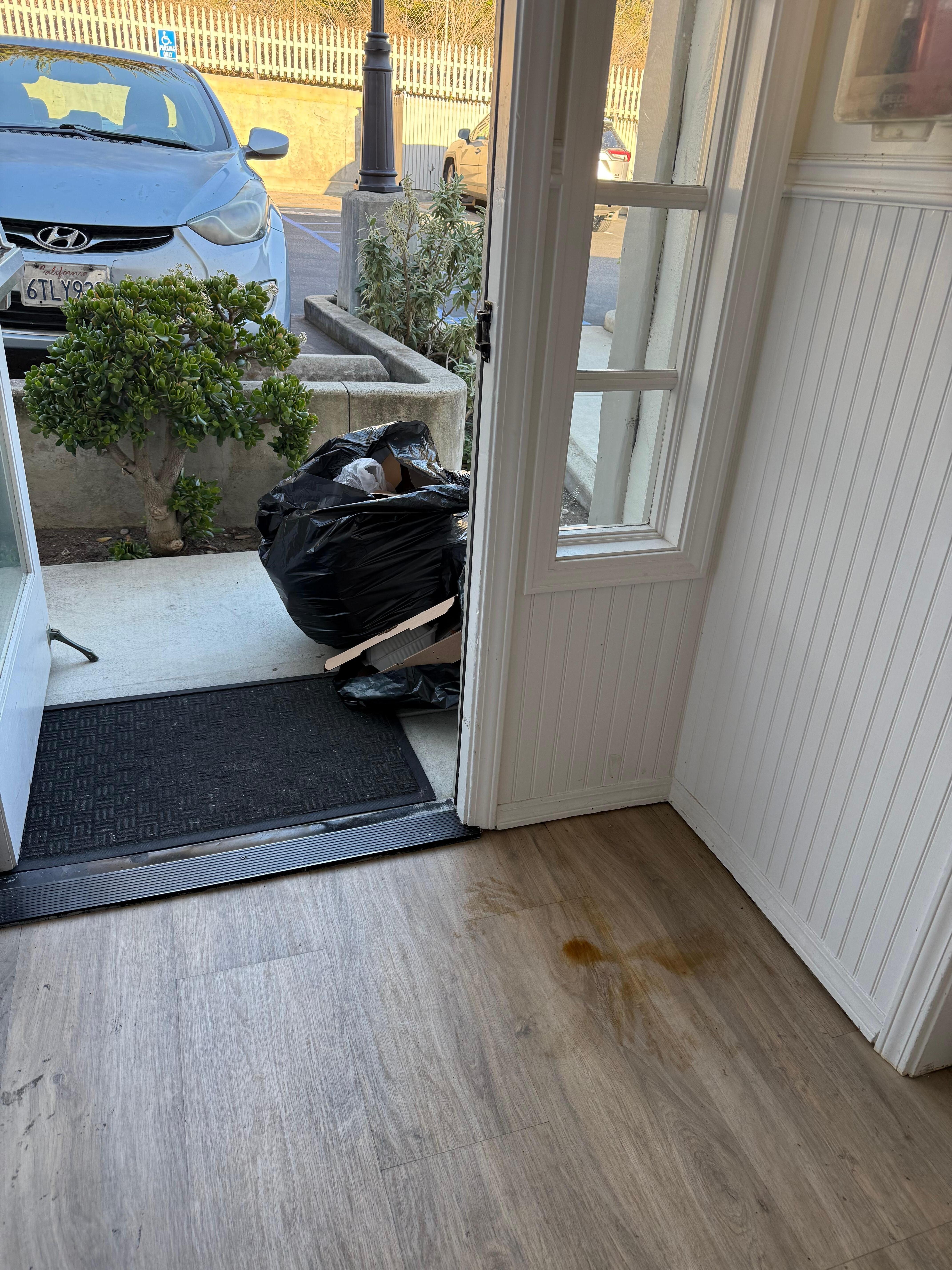 Trash and puddle of smelly liquid