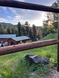 View from our cabin while I sat in a chair in the parking area
