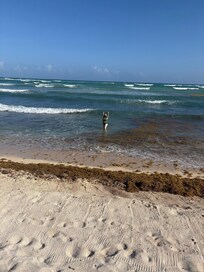 The beach has lots of coral/rocks, if you want to go in, bring water shoes