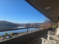 View from patio with rocking chairs.