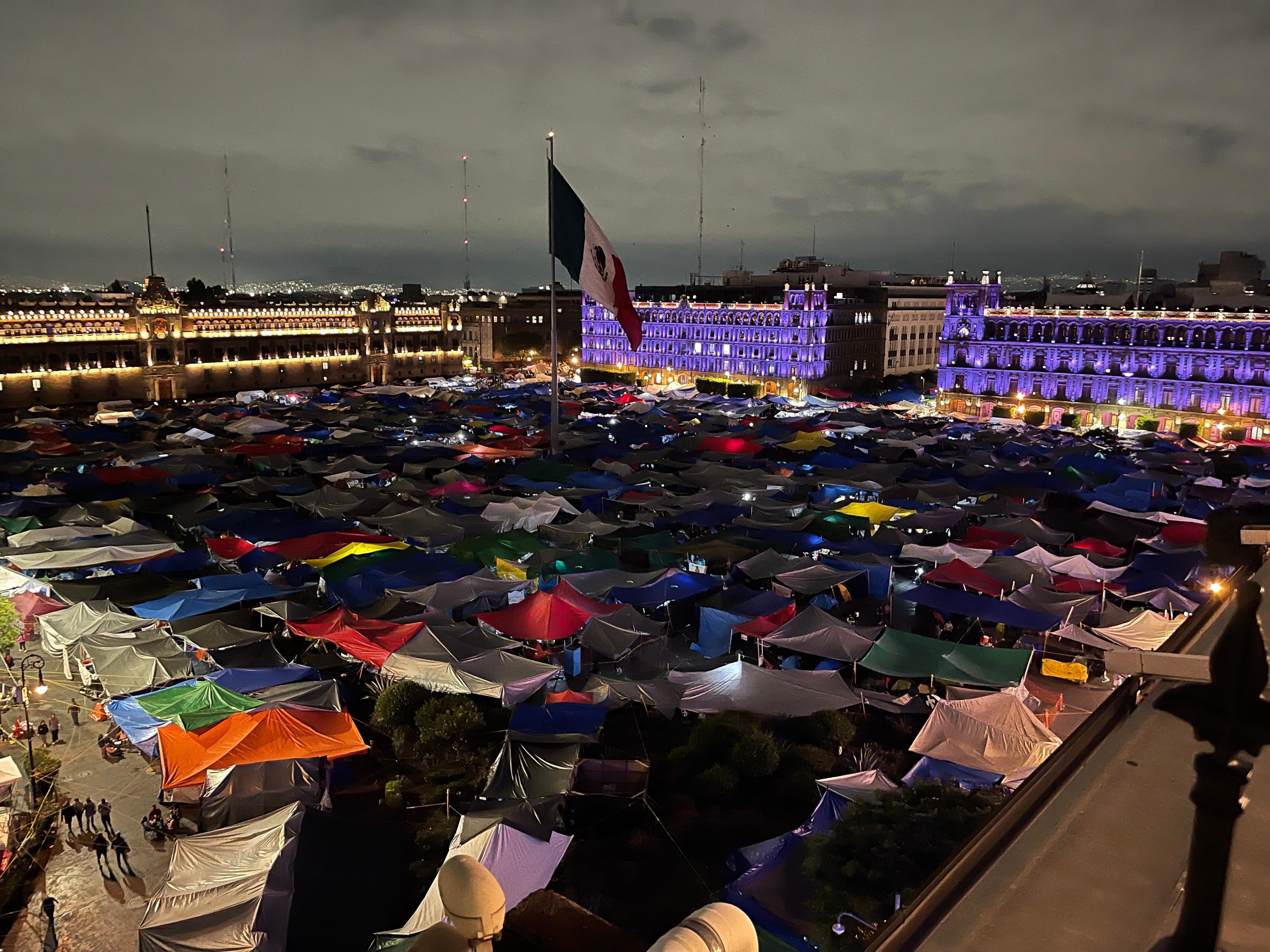 Strikers in tents on the plaza